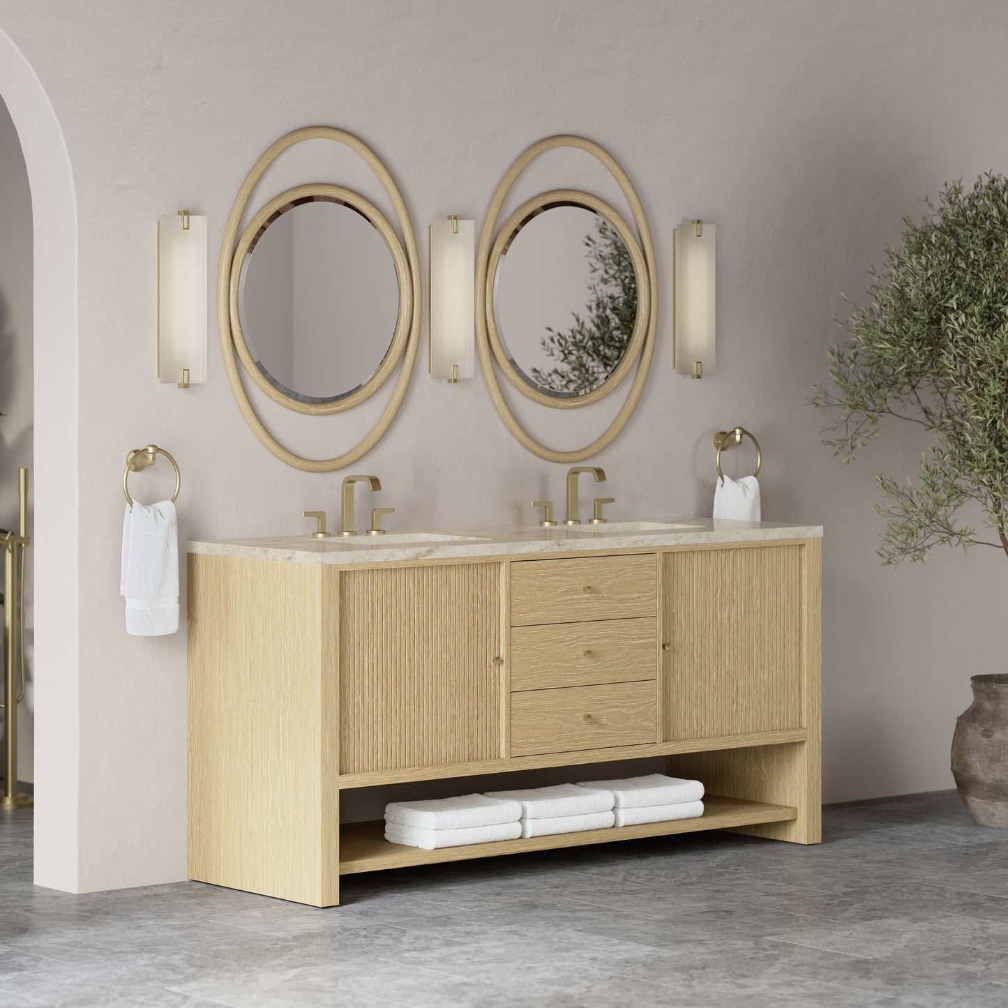 Renovate for Less Atlanta Marigot 72" Double Vanity, Sunwashed Oak, w/ 3 CM Tajnar Eclos Top w/FreePower Wireless Charger