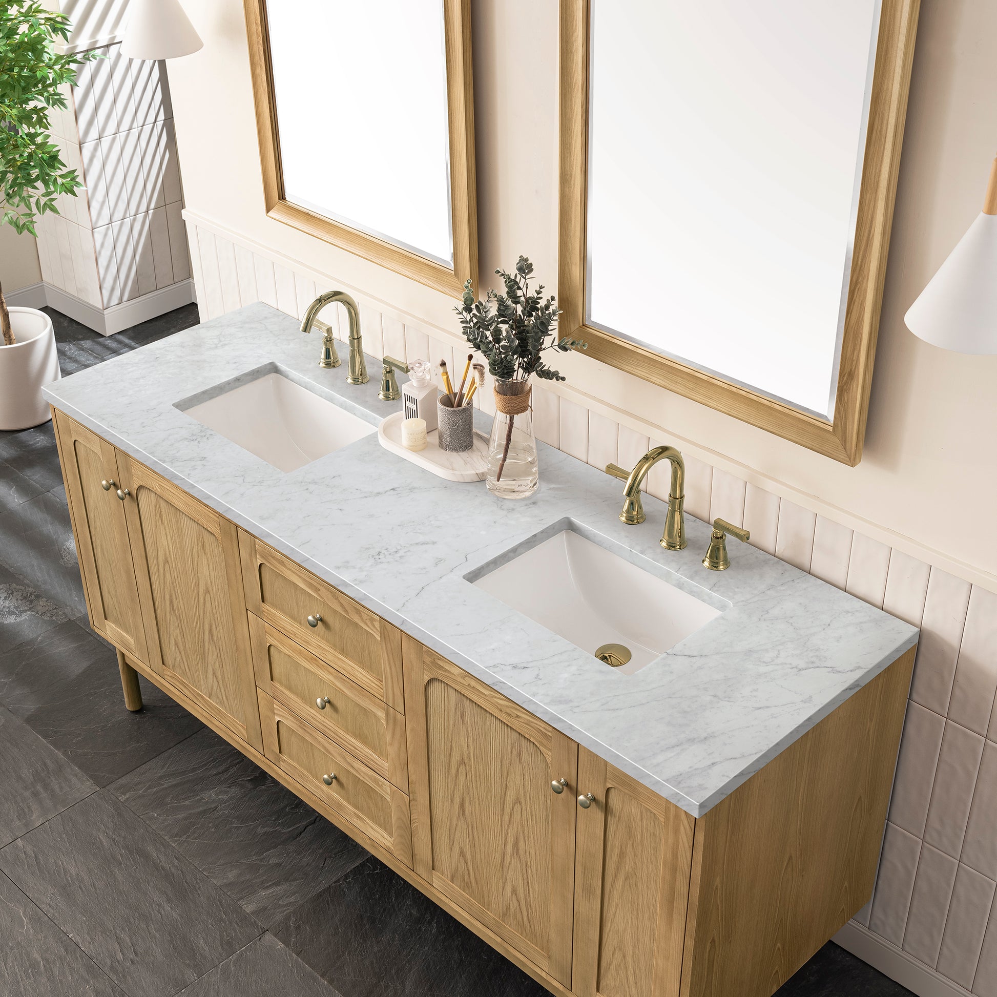 Renovate for Less Atlanta Laurent 72" Double Vanity, Light Natural Oak w/ 3 CM Carrara Marble Top