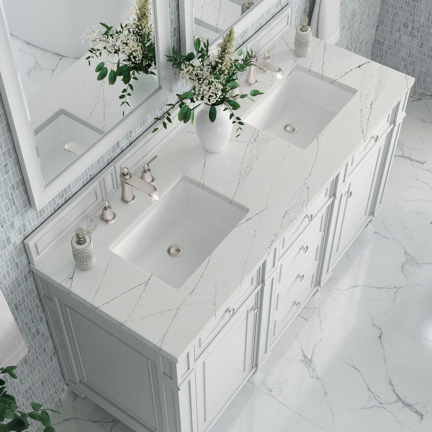 Renovate for Less Atlanta Bristol 60" Double Vanity, Bright White w/ 3 CM Ethereal Noctis Silestone Top