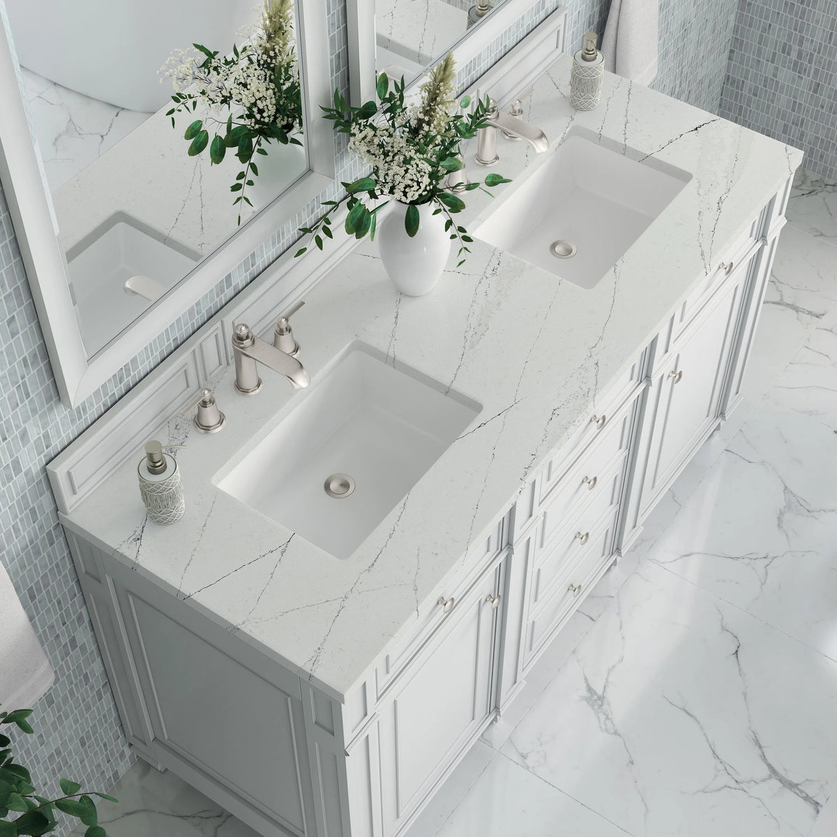 Bristol 60" Double Vanity, Bright White w/ 3 CM Ethereal Noctis Silestone Top