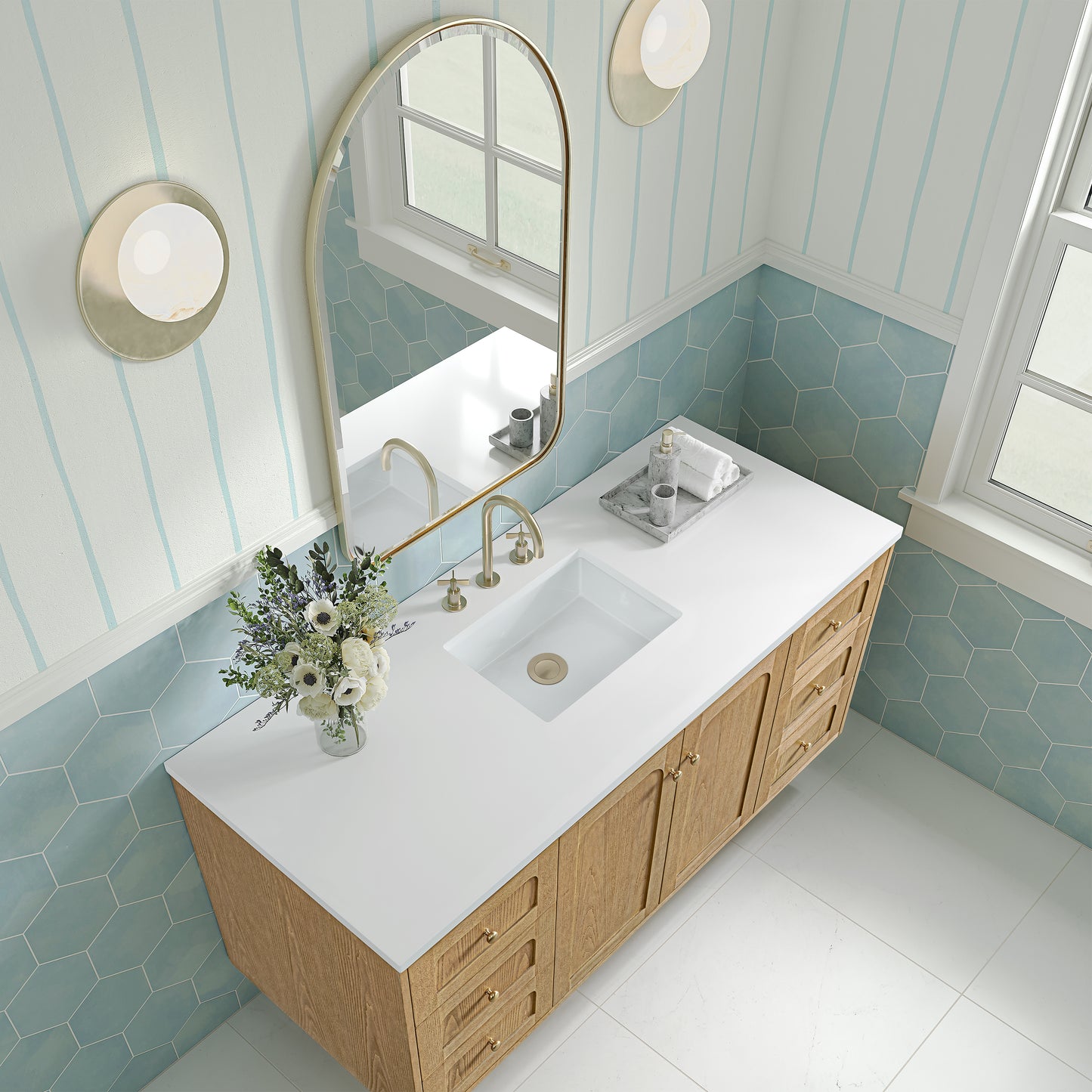 Renovate for Less Atlanta Laurent 60" Single Vanity, Light Natural Oak, w/ 3 CM White Zeus Quartz Top