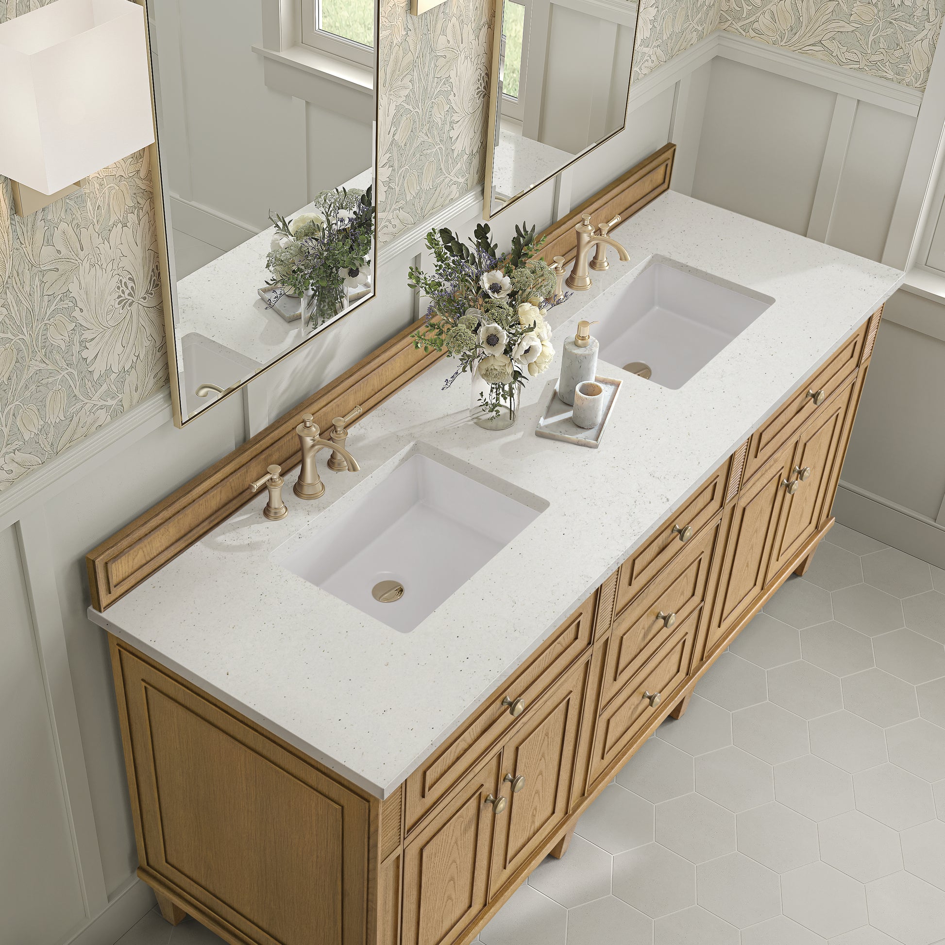Renovate for Less Atlanta Lorelai 72" Double Vanity, Light Natural Oak w/ 3 CM Lime Delight Silestone Top