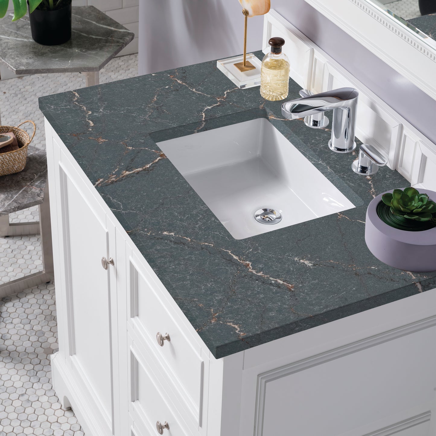 Renovate for Less Atlanta De Soto 36" Single Vanity, Bright White w/ 3 CM Parisien Bleu Silestone Top