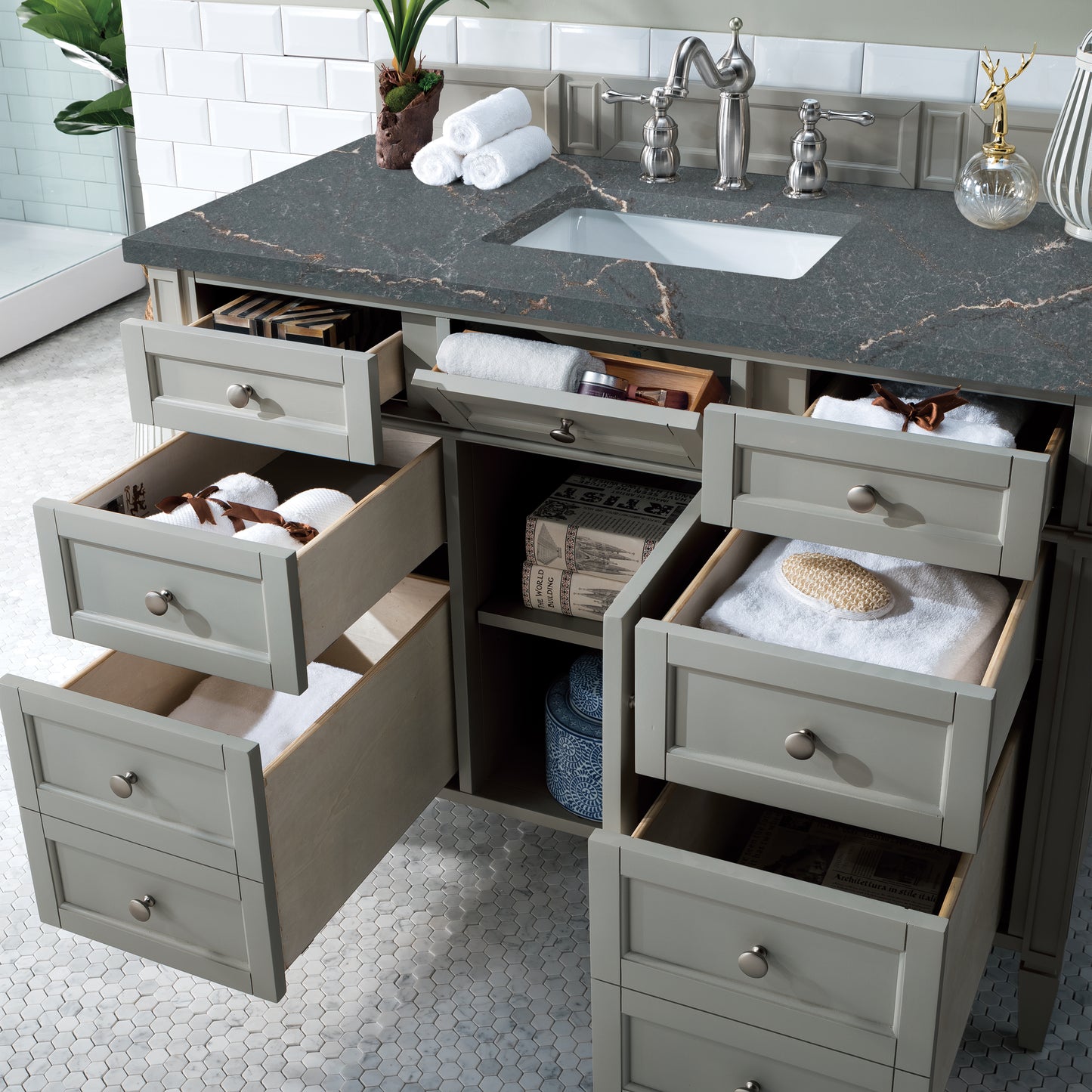 Renovate for Less Atlanta Brittany 48" Single Vanity, Urban Gray w/ 3 CM Parisien Bleu Silestone Top w/FreePower Wireless Charger