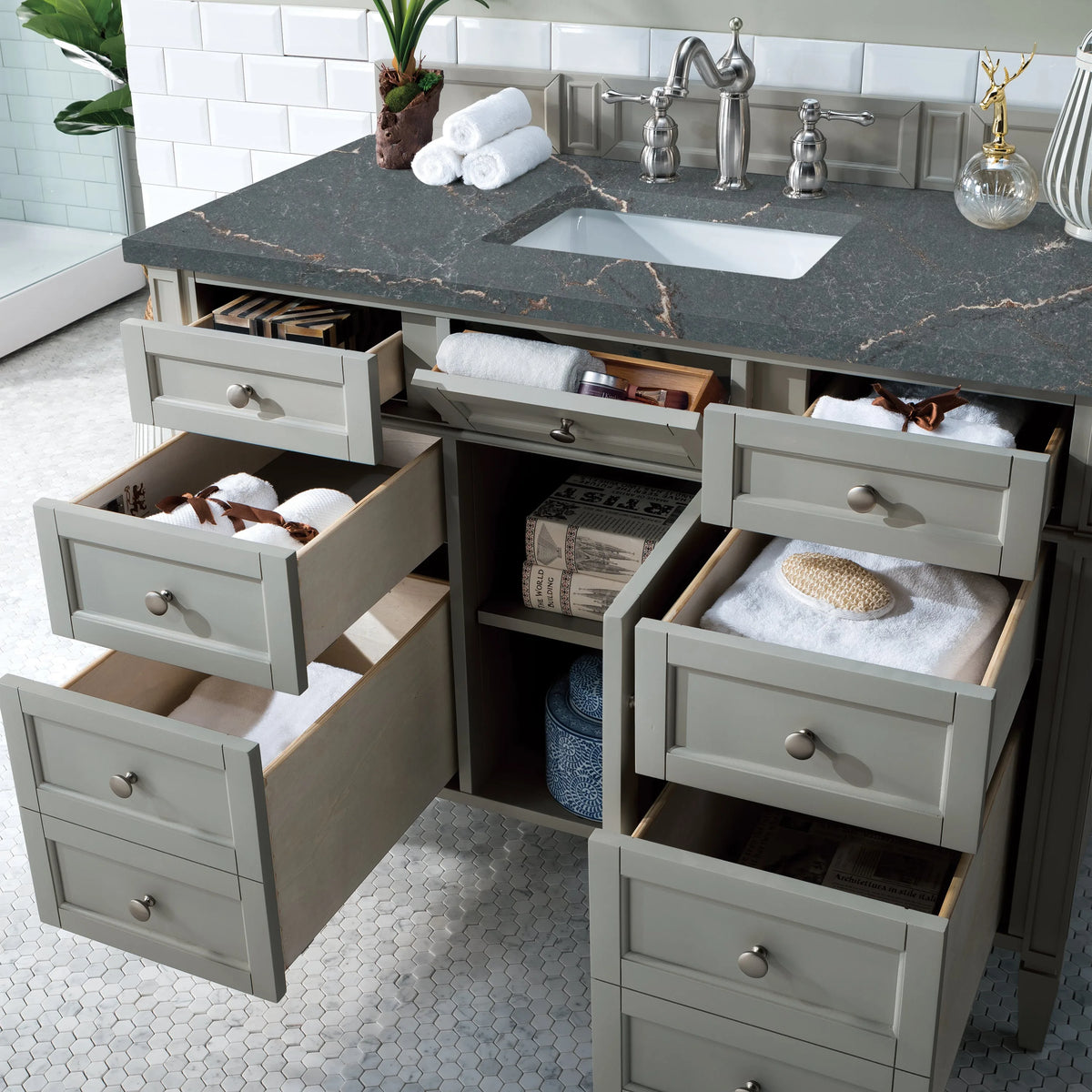 Brittany 48" Single Vanity, Urban Gray w/ 3 CM Parisien Bleu Silestone Top w/FreePower Wireless Charger