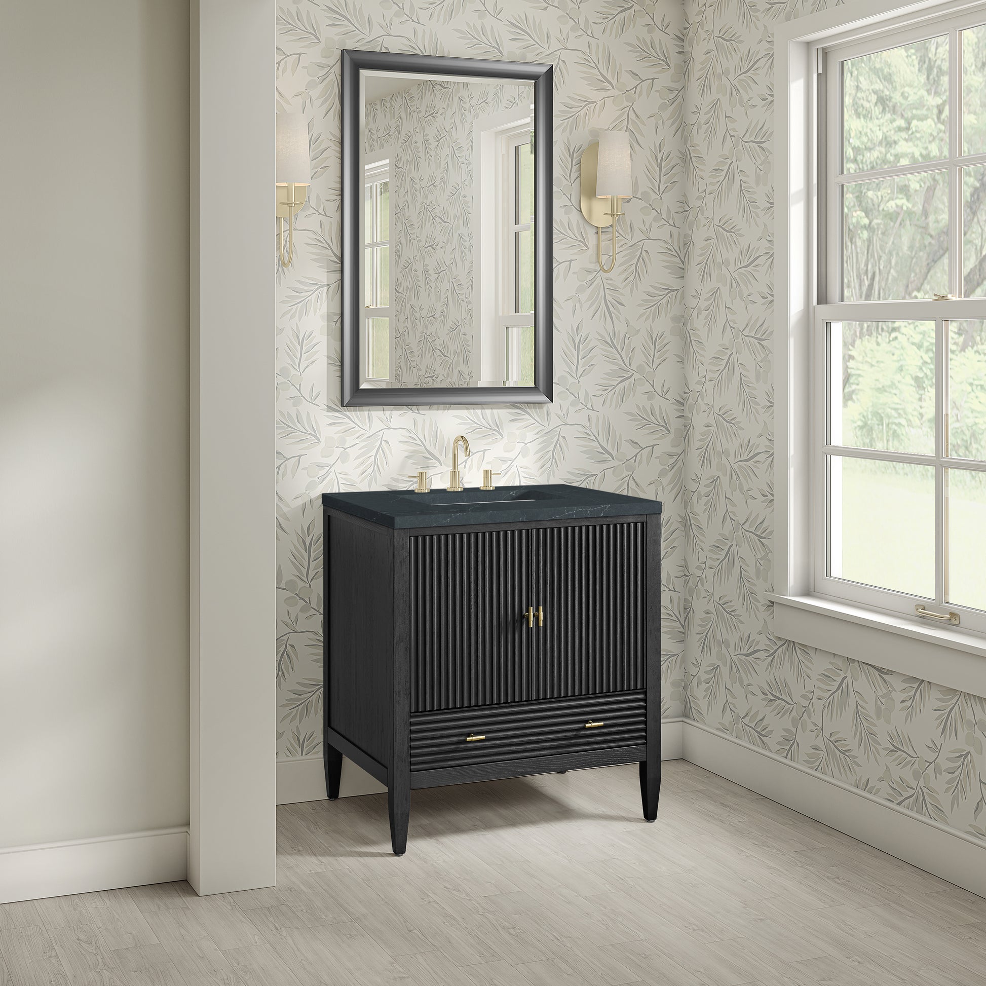 Renovate for Less Atlanta Myrrin 30" Single Vanity, Carbon Oak w/ 3 CM Charcoal Soapstone Silestone Top