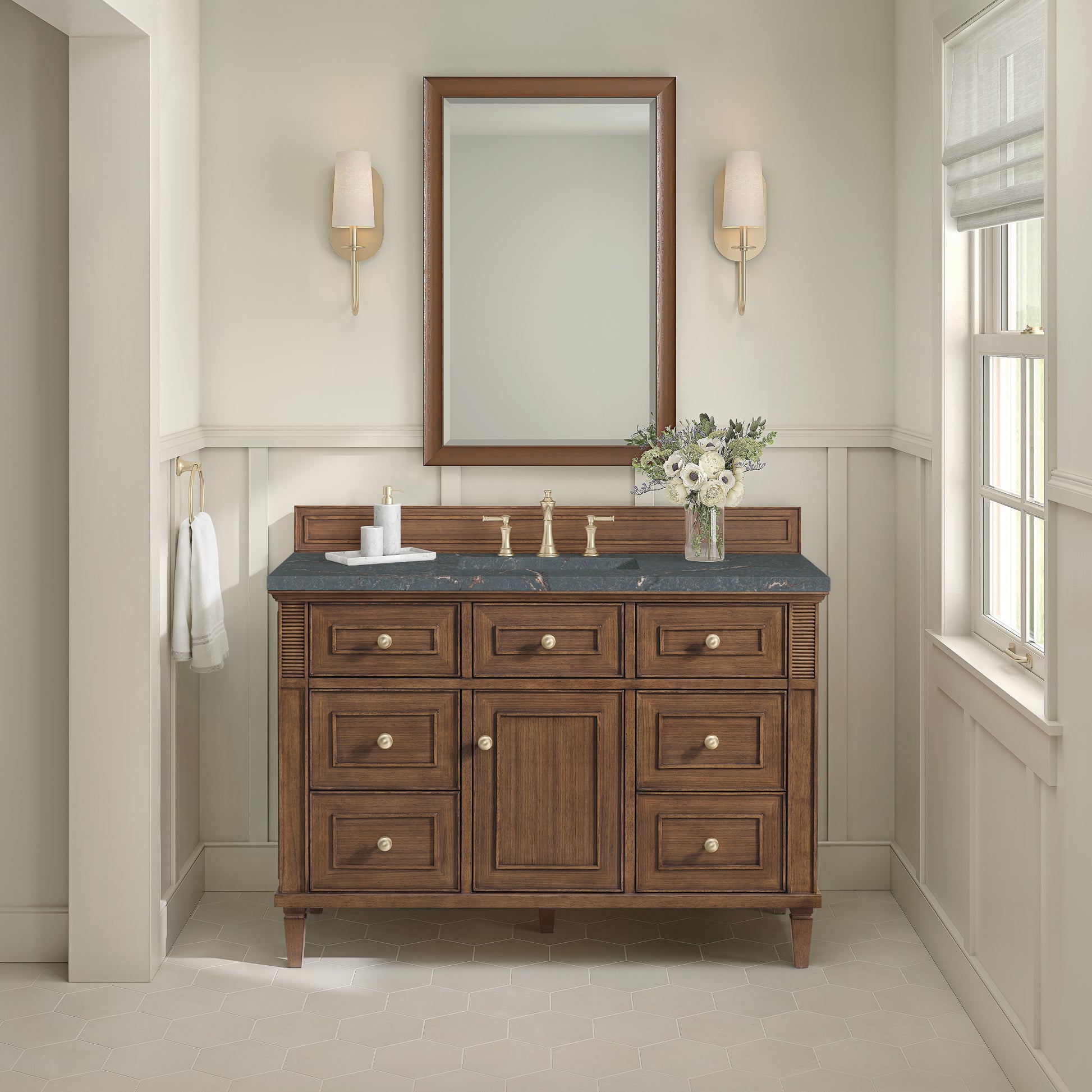Renovate for Less Atlanta Lorelai 48" Single Vanity, Mid-Century Walnut w/ 3 CM Parisien Bleu Silestone Top
