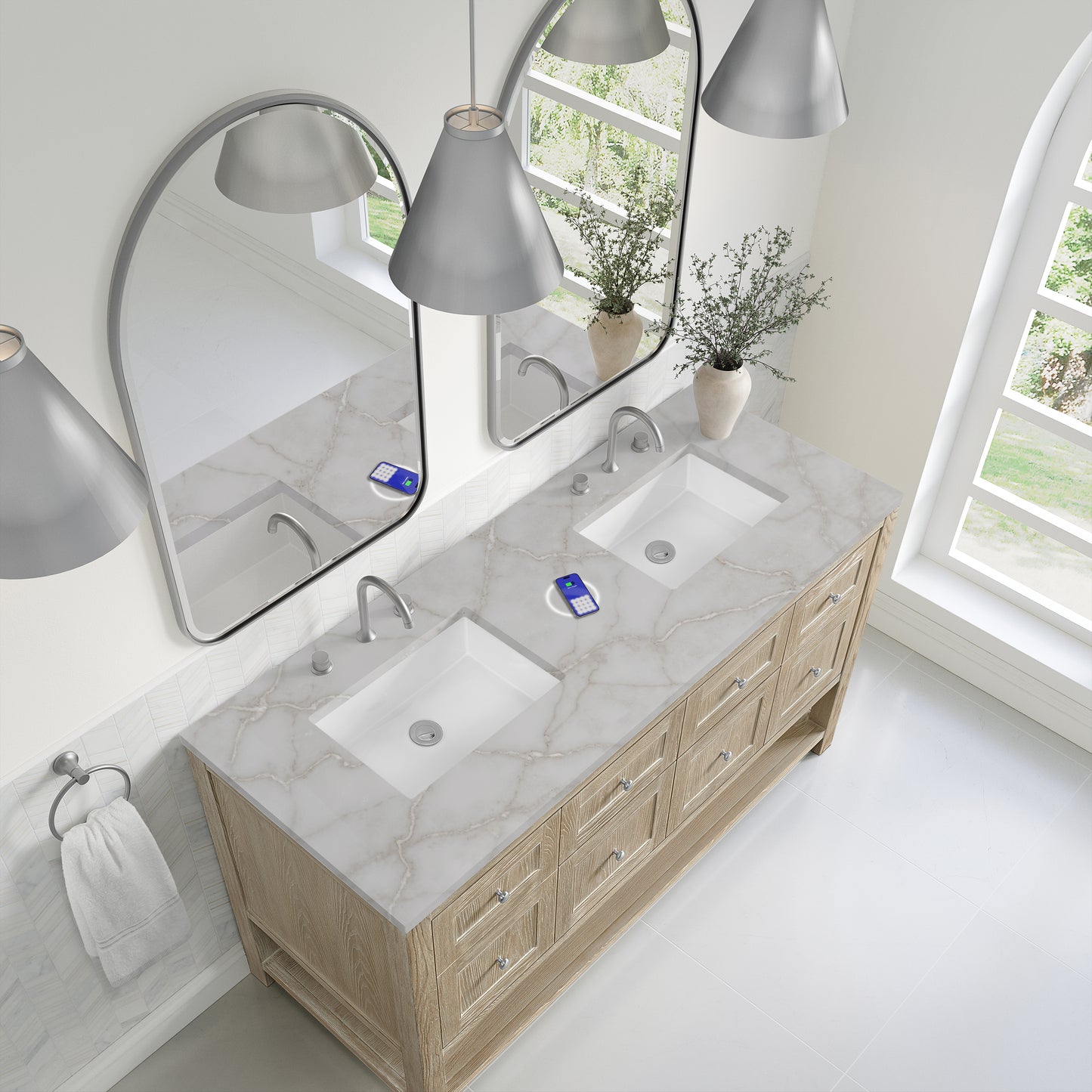 Renovate for Less Atlanta Breckenridge 60" Double Vanity, Whitewashed Oak, w/ 3 CM Victorian Silver Quartz Top w/FreePower Wireless Charger