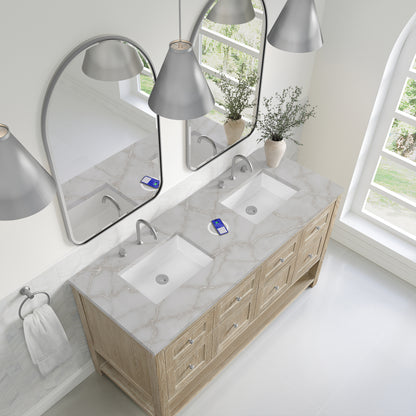 Renovate for Less Atlanta Breckenridge 60" Double Vanity, Whitewashed Oak, w/ 3 CM Victorian Silver Quartz Top w/FreePower Wireless Charger