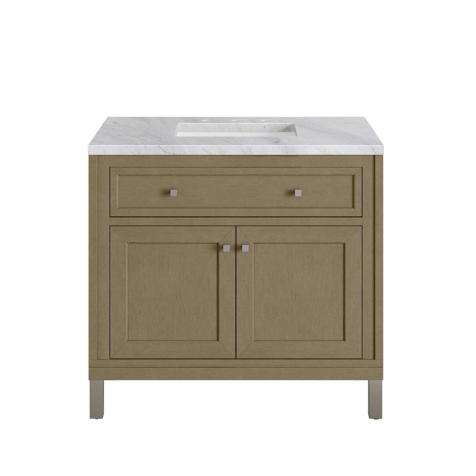 Renovate for Less Atlanta Chicago 36" Single Vanity, Walnut Whisper, w/ 3 CM Carrara Marble Top