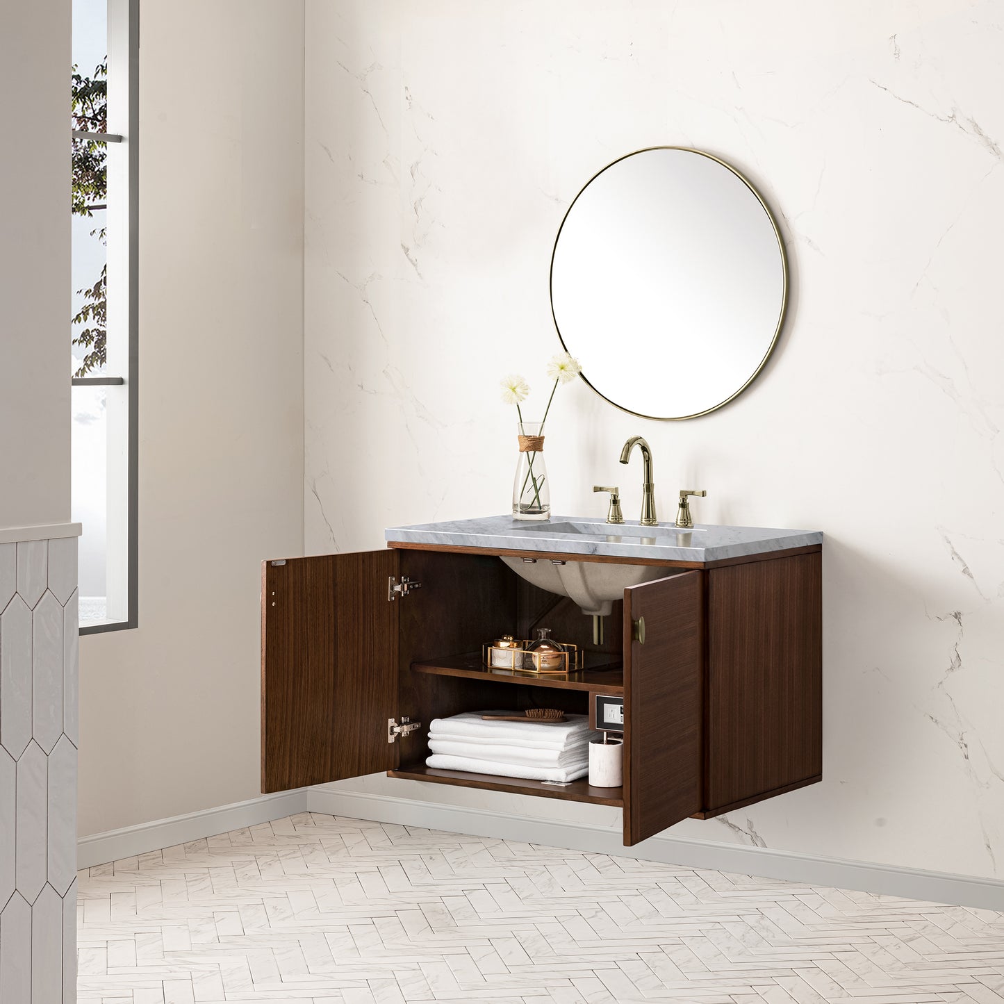 Renovate for Less Atlanta Amberly 36" Single Vanity, Mid-Century Walnut w/ 3 CM Carrara Marble Top