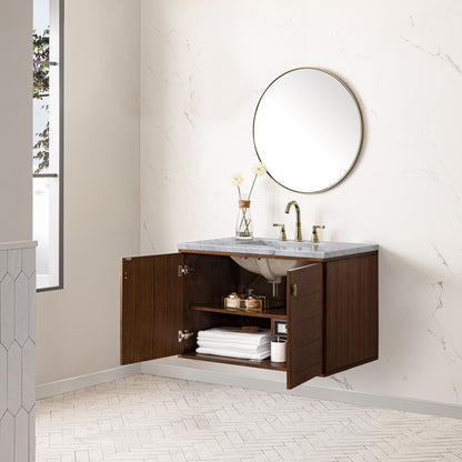 Renovate for Less Atlanta Amberly 36" Single Vanity, Mid-Century Walnut w/ 3 CM Carrara Marble Top