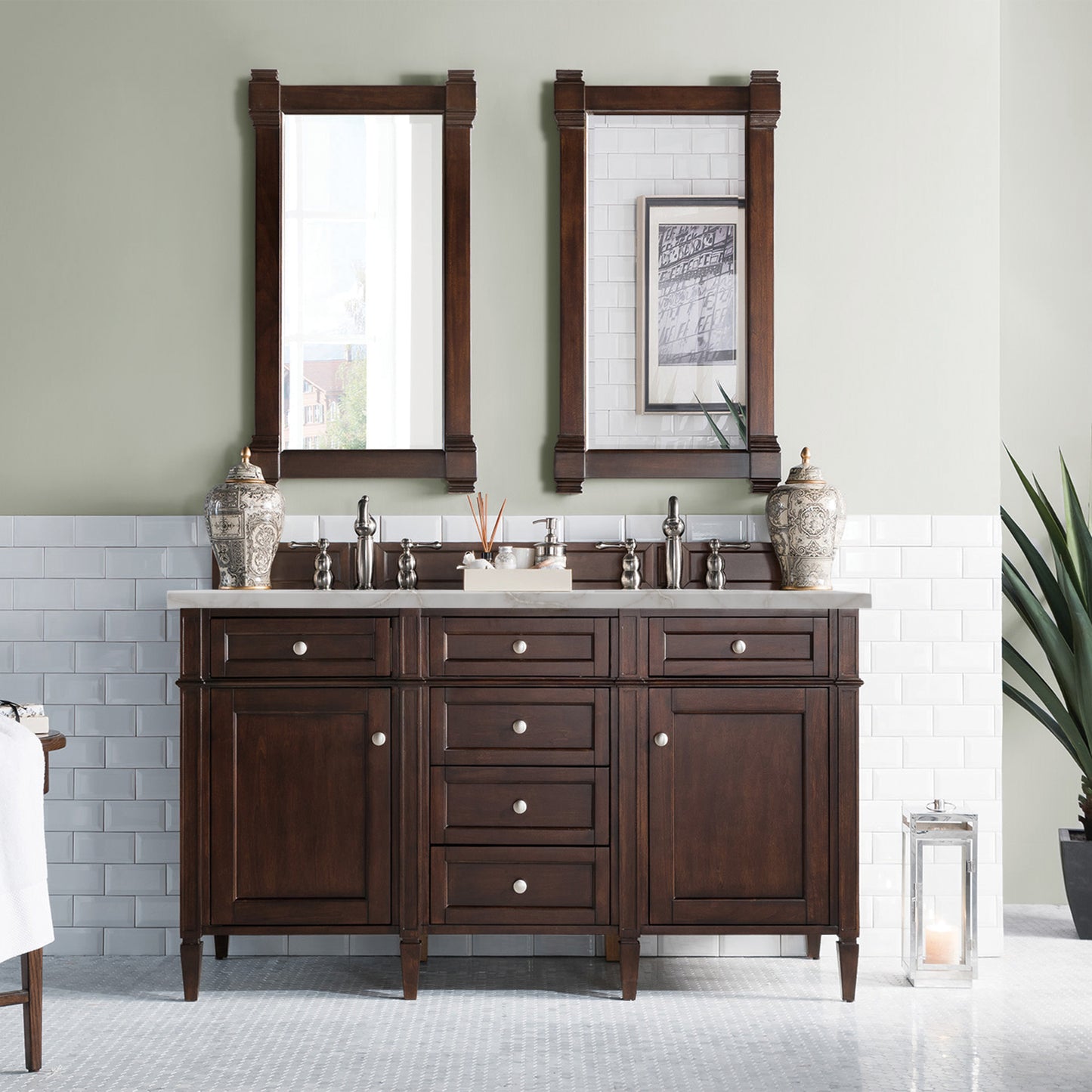 Renovate for Less Atlanta Brittany 60" Double Vanity, Burnished Mahogany w/ 3 CM Victorian Silver Silestone Top w/FreePower Wireless Charger