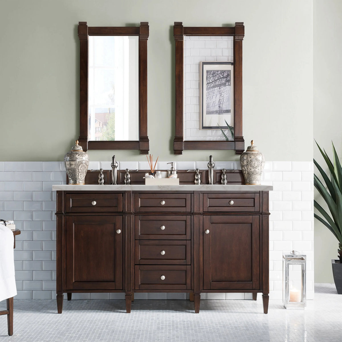 Brittany 60" Double Vanity, Burnished Mahogany w/ 3 CM Victorian Silver Silestone Top w/FreePower Wireless Charger