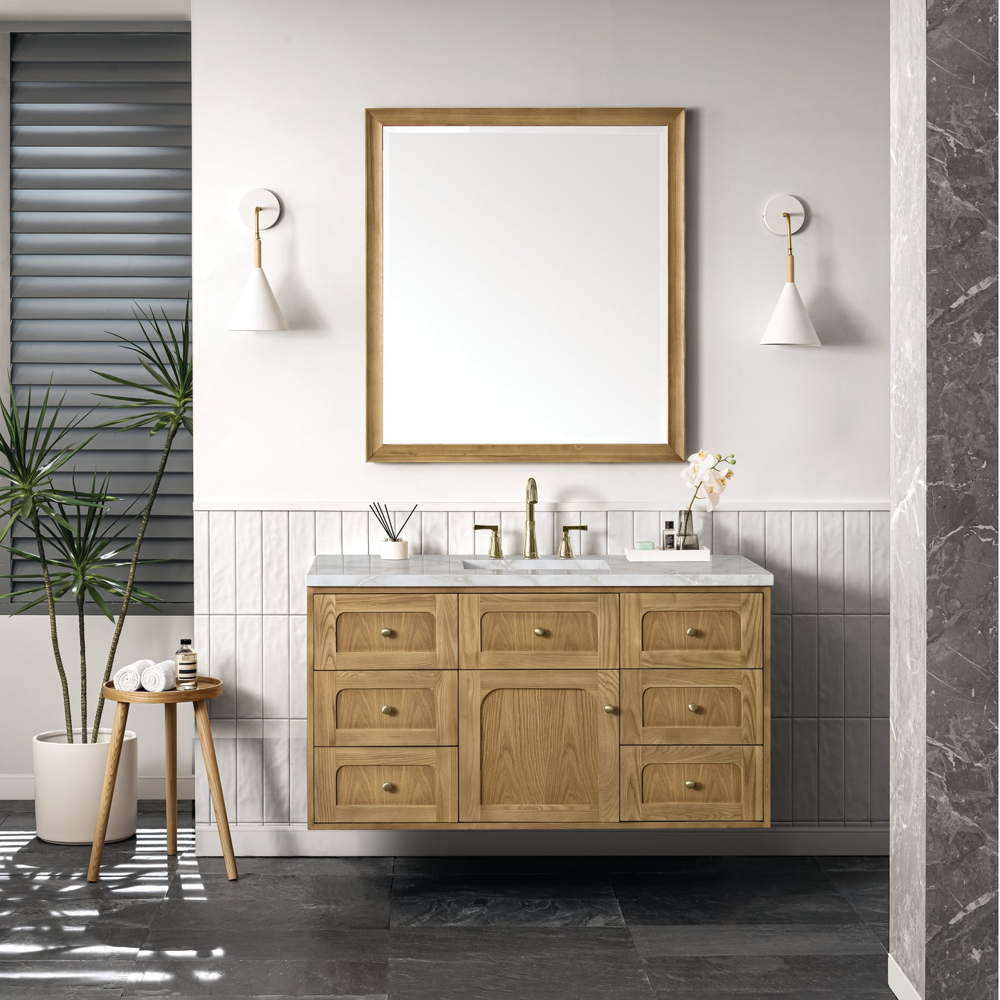 Renovate for Less Atlanta Laurent 48" Single Vanity, Light Natural Oak w/ 3 CM Victorian Silver Top w/FreePower Wireless Charger