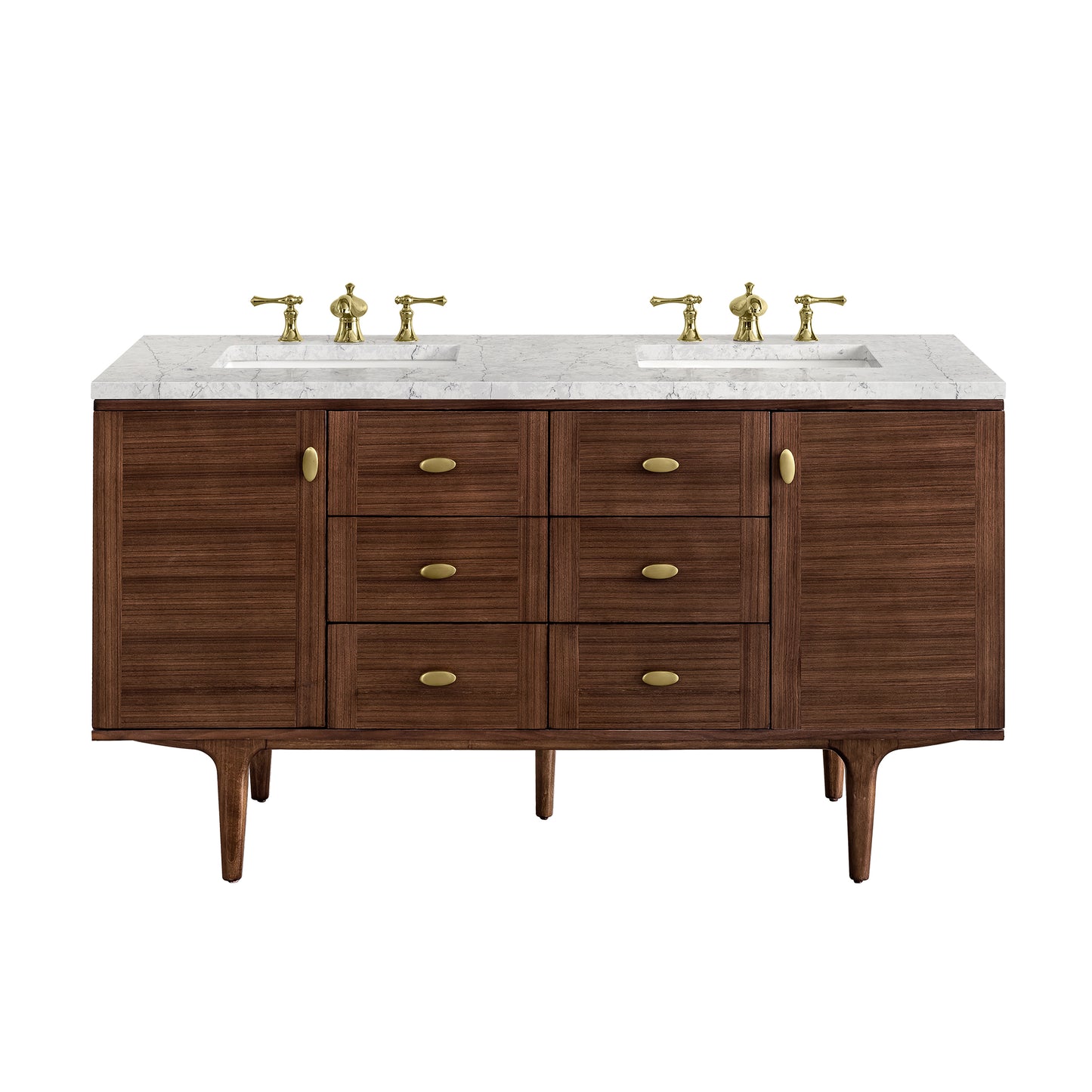 Renovate for Less Atlanta Amberly 60" Double Vanity, Mid-Century Walnut w/ 3 CM Eternal Jasmine Pearl Top w/FreePower Wireless Charger