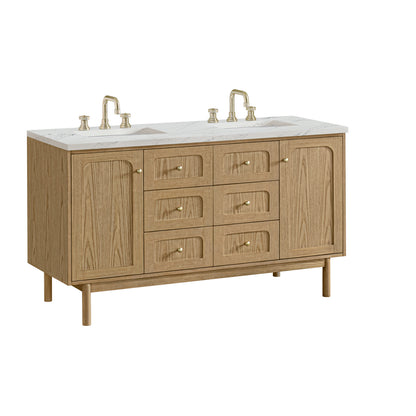Renovate for Less Atlanta Laurent 60" Double Vanity, Light Natural Oak, w/ 3 CM Ethereal Noctis Quartz Top w/FreePower Wireless Charger