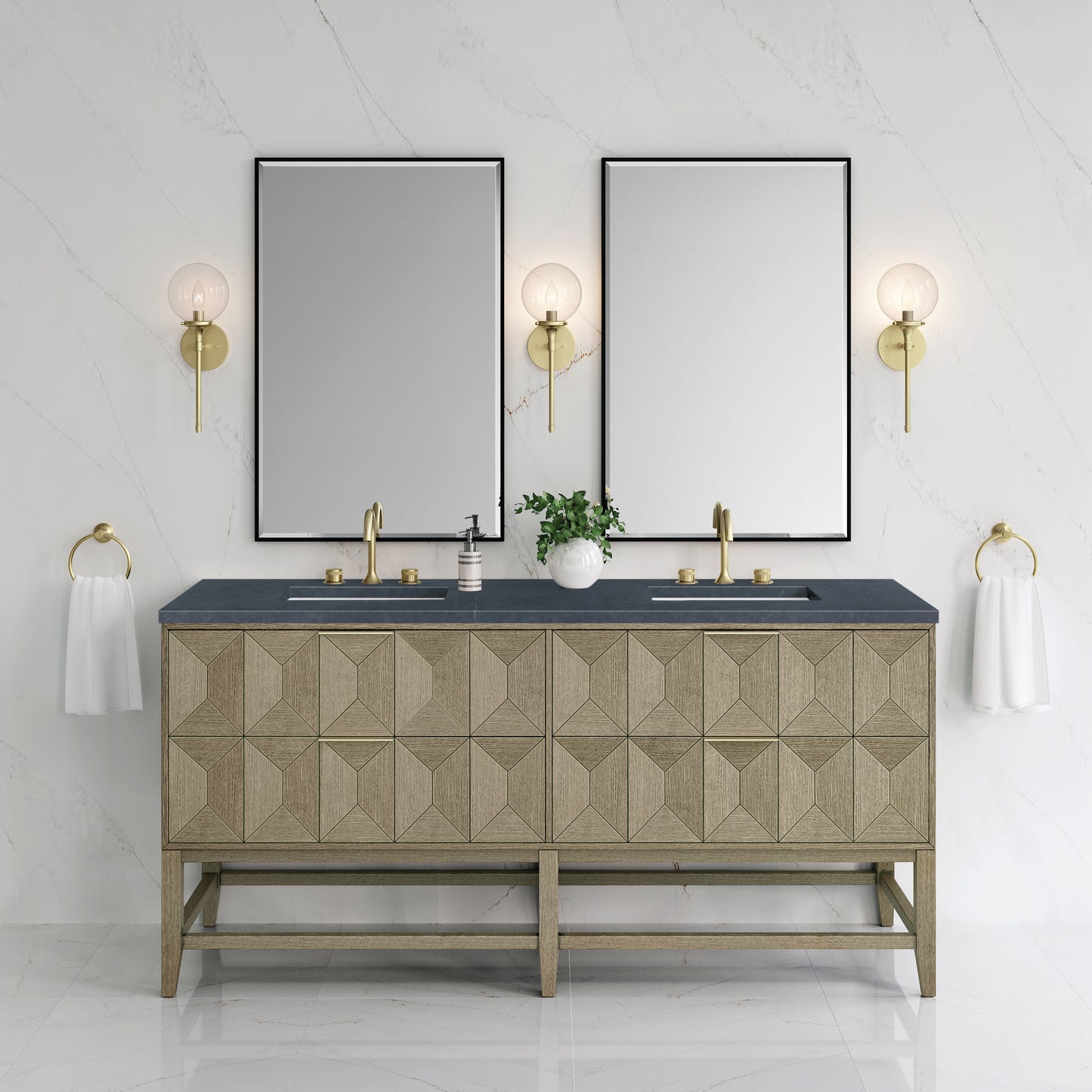 Renovate for Less Atlanta Emmeline 72" Double Vanity, Pebble Oak w/ 3 CM Charcoal Soapstone Top