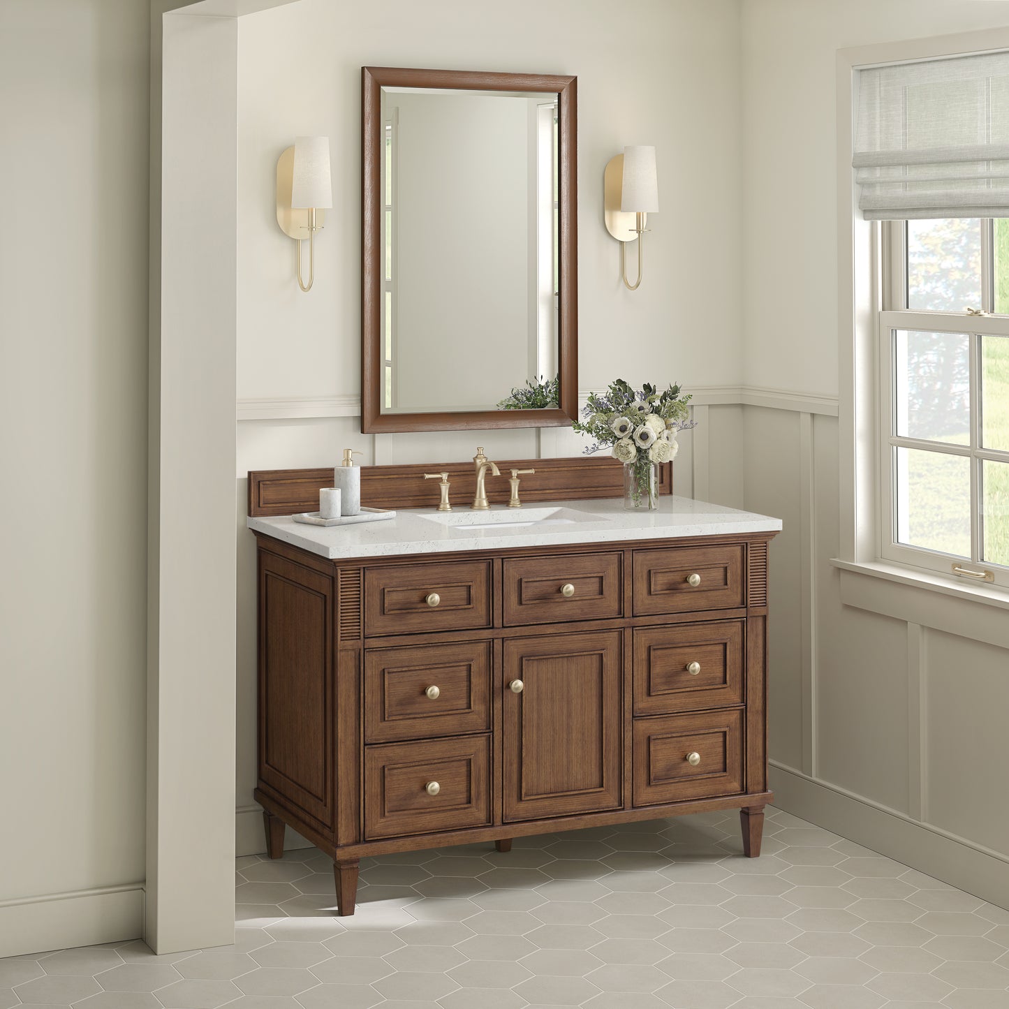 Renovate for Less Atlanta Lorelai 48" Single Vanity, Mid-Century Walnut w/ 3 CM Lime Delight Silestone Top