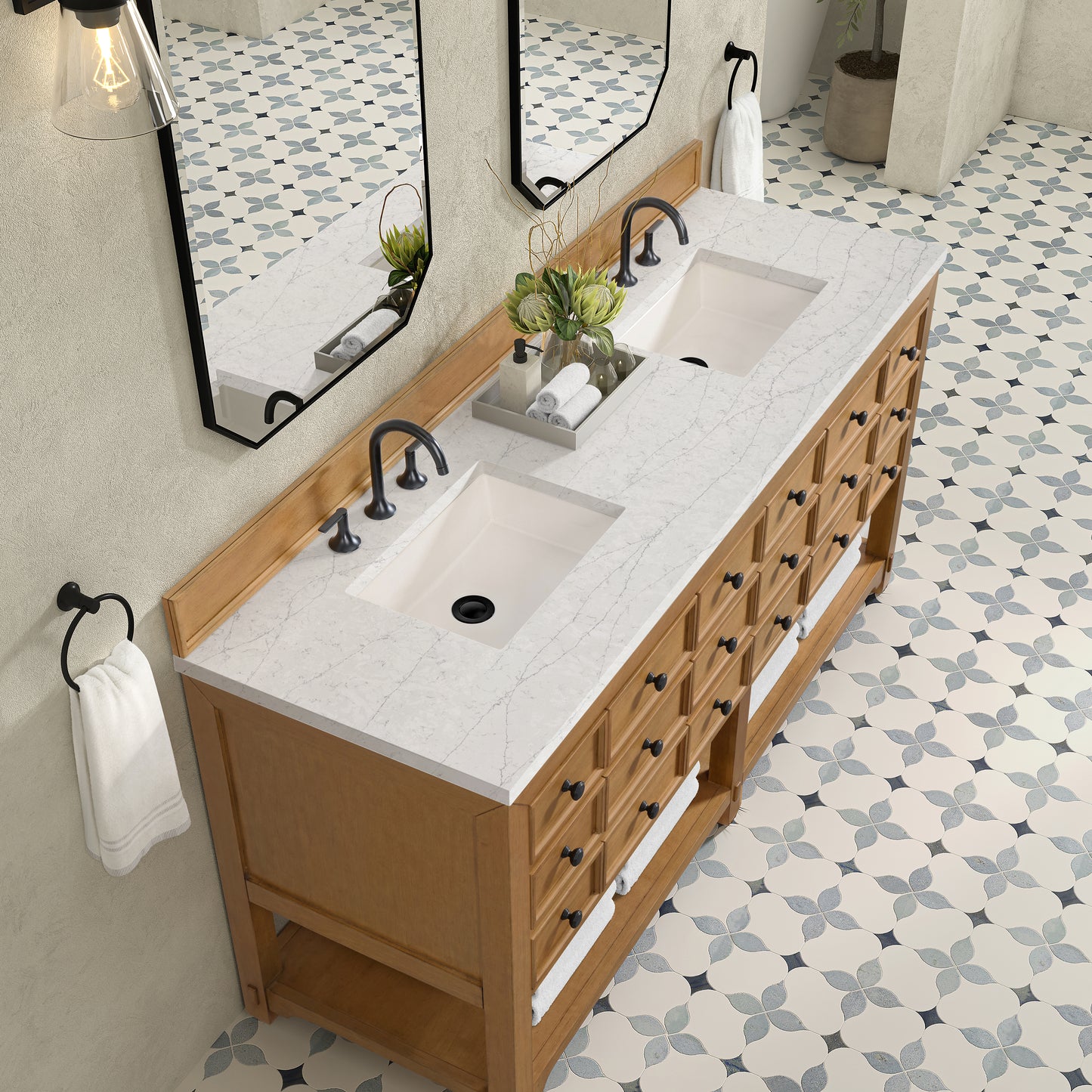 Renovate for Less Atlanta Malibu 72" Double Vanity, Amber Birch w/ 3 CM Eternal Jasmine Pearl Top
