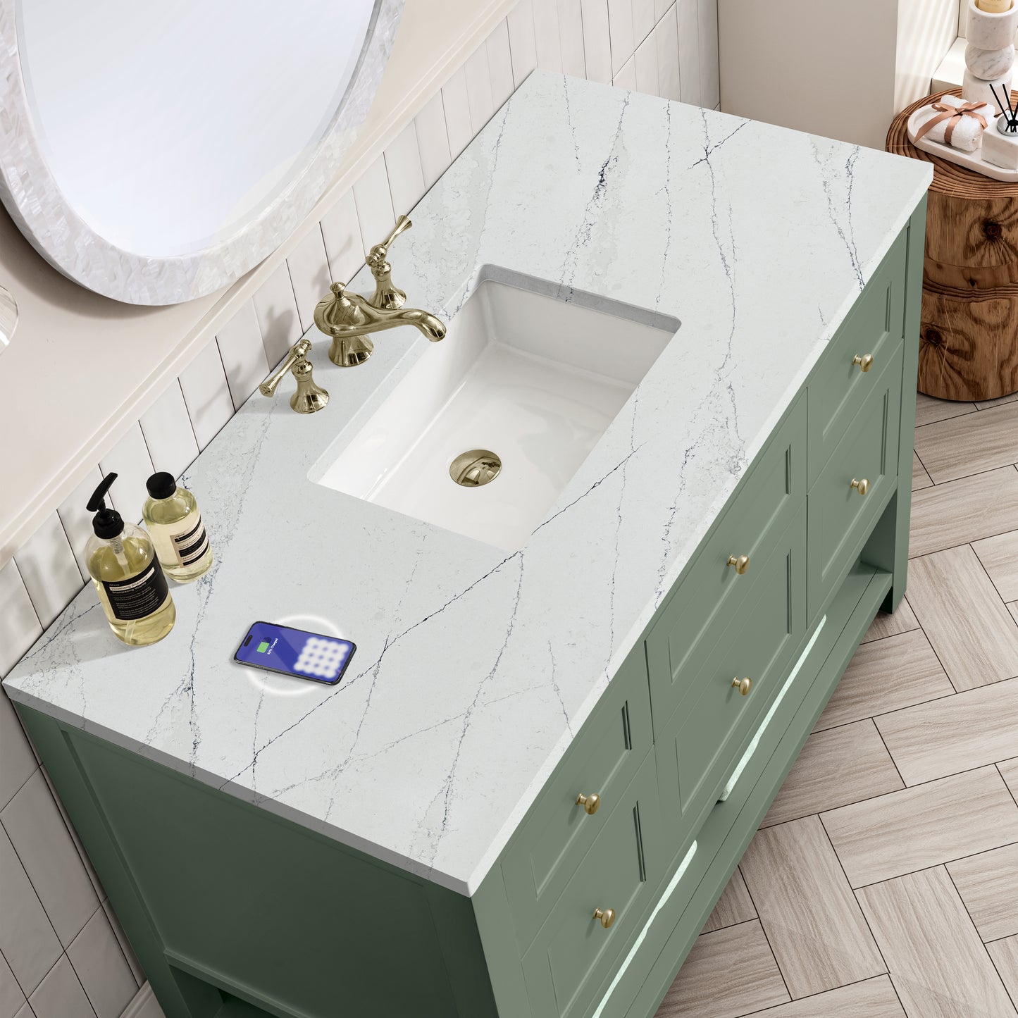 Renovate for Less Atlanta Breckenridge 48" Single Vanity, Smokey Celadon w/ 3 CM Ethereal Noctis Top w/FreePower Wireless Charger