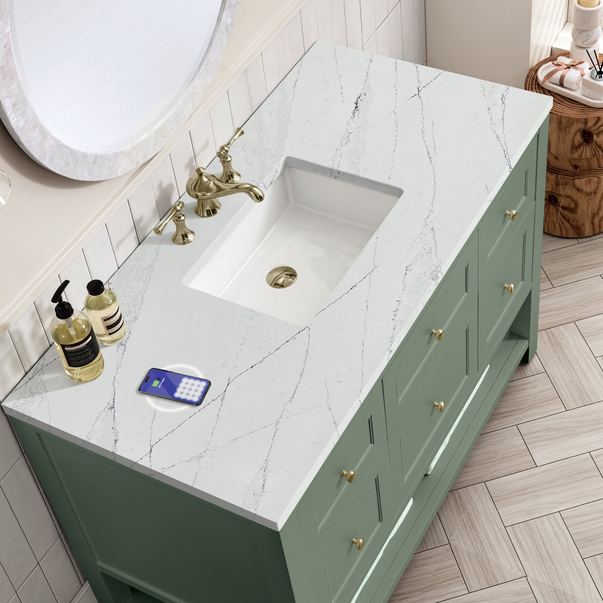 Renovate for Less Atlanta Breckenridge 48" Single Vanity, Smokey Celadon w/ 3 CM Ethereal Noctis Top w/FreePower Wireless Charger