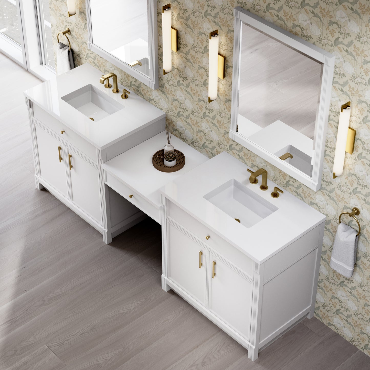 Renovate for Less Atlanta Bellshire 96" Dual Vanity Set with 24" Make-Up Counter, Bright White w/3 cm White Zeus Silestone Top