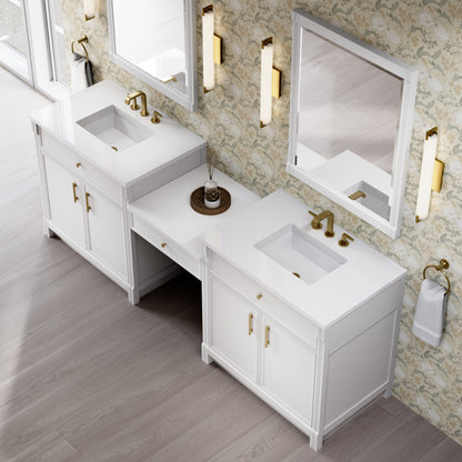 Renovate for Less Atlanta Bellshire 96" Dual Vanity Set with 24" Make-Up Counter, Bright White w/3 cm White Zeus Silestone Top
