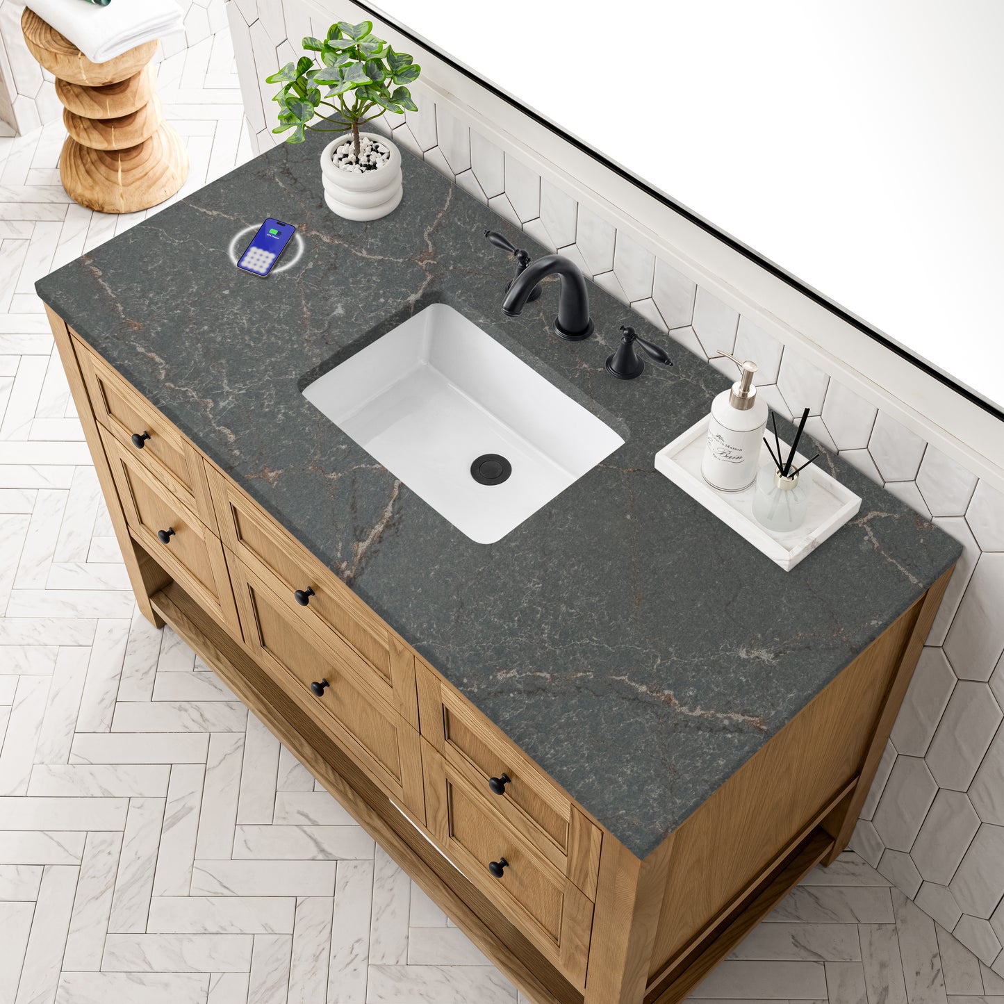 Renovate for Less Atlanta Breckenridge 48" Single Vanity, Light Natural Oak w/ 3 CM Parisien Bleu Top w/FreePower Wireless Charger