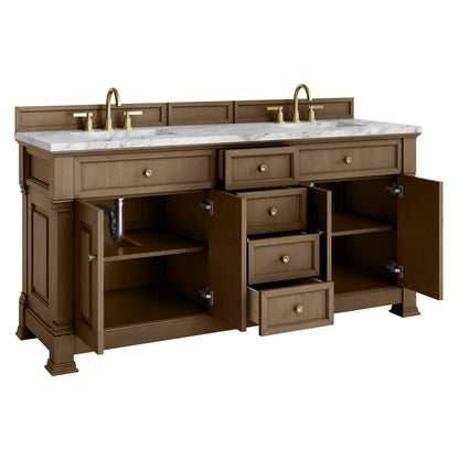 Renovate for Less Atlanta Brookfield 72" Double Vanity, Pecan w/ 3 CM Carrara White Marble Top