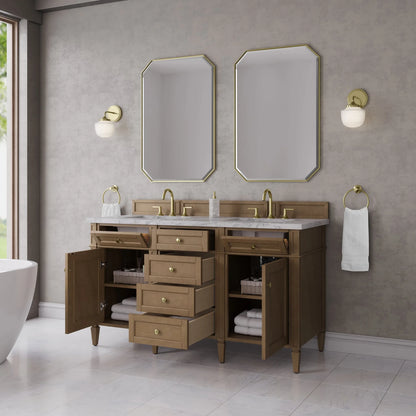 Brittany 60" Double Vanity, Pecan w/ 3 CM Carrara Marble Top