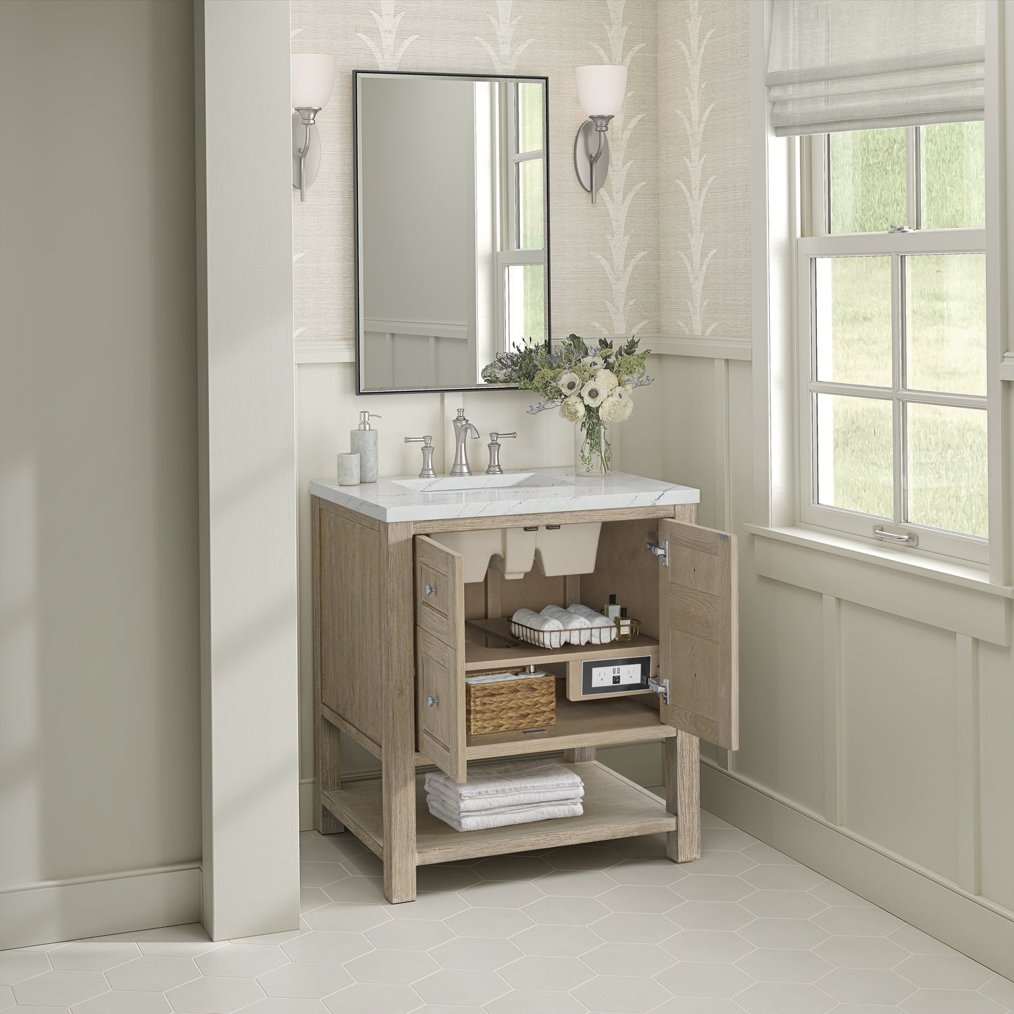 Renovate for Less Atlanta Breckenridge 30" Single Vanity, Whitewashed Oak w/ 3 CM Ethereal Noctis Silestone Top