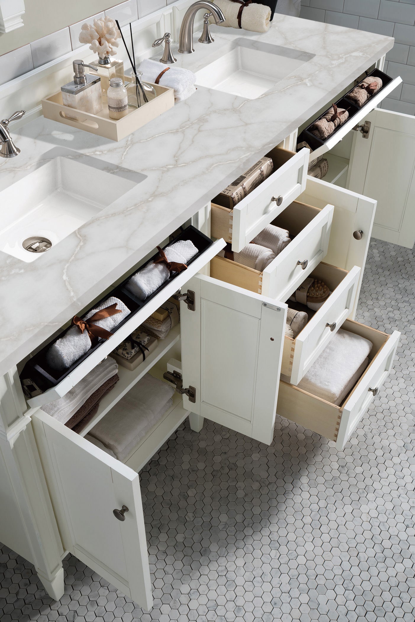 Renovate for Less Atlanta Brittany 72" Double Vanity, Bright White Vanity w/ 3 CM Victorian Silver Silestone Top