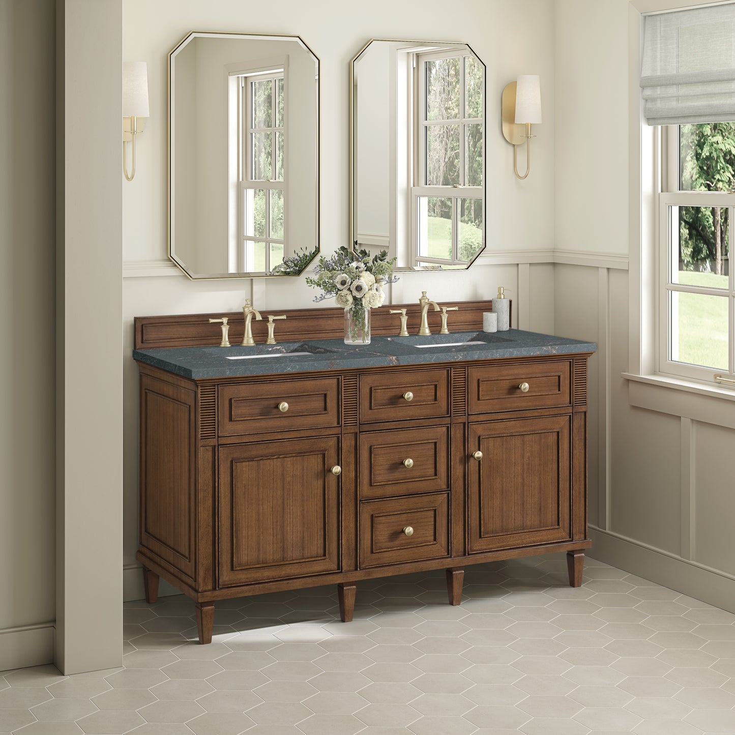 Renovate for Less Atlanta Lorelai 60" Double Vanity, Mid-Century Walnut w/ 3 CM Parisien Bleu Silestone Top w/FreePower Wireless Charger