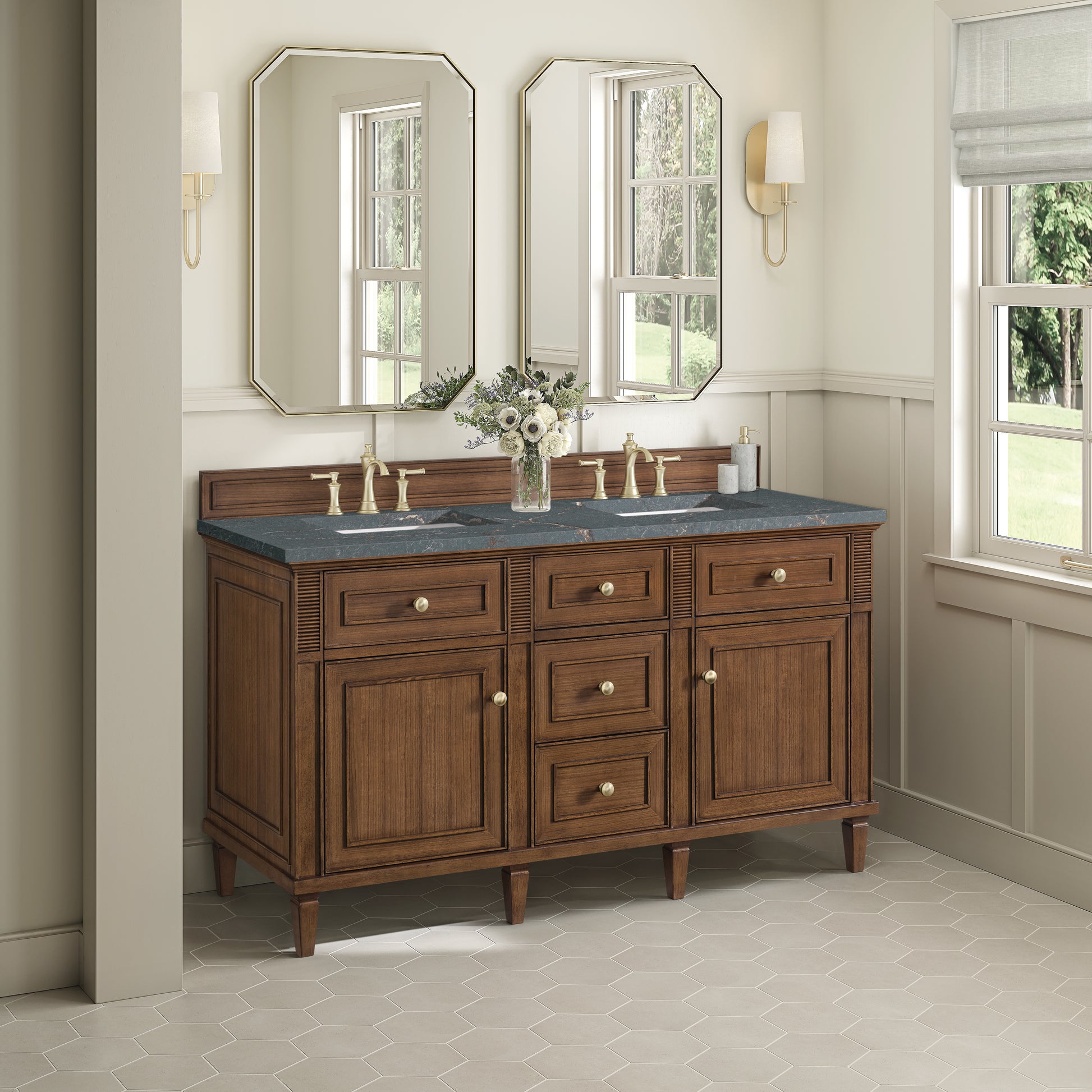 Renovate for Less Atlanta Lorelai 60" Double Vanity, Mid-Century Walnut w/ 3 CM Parisien Bleu Silestone Top w/FreePower Wireless Charger