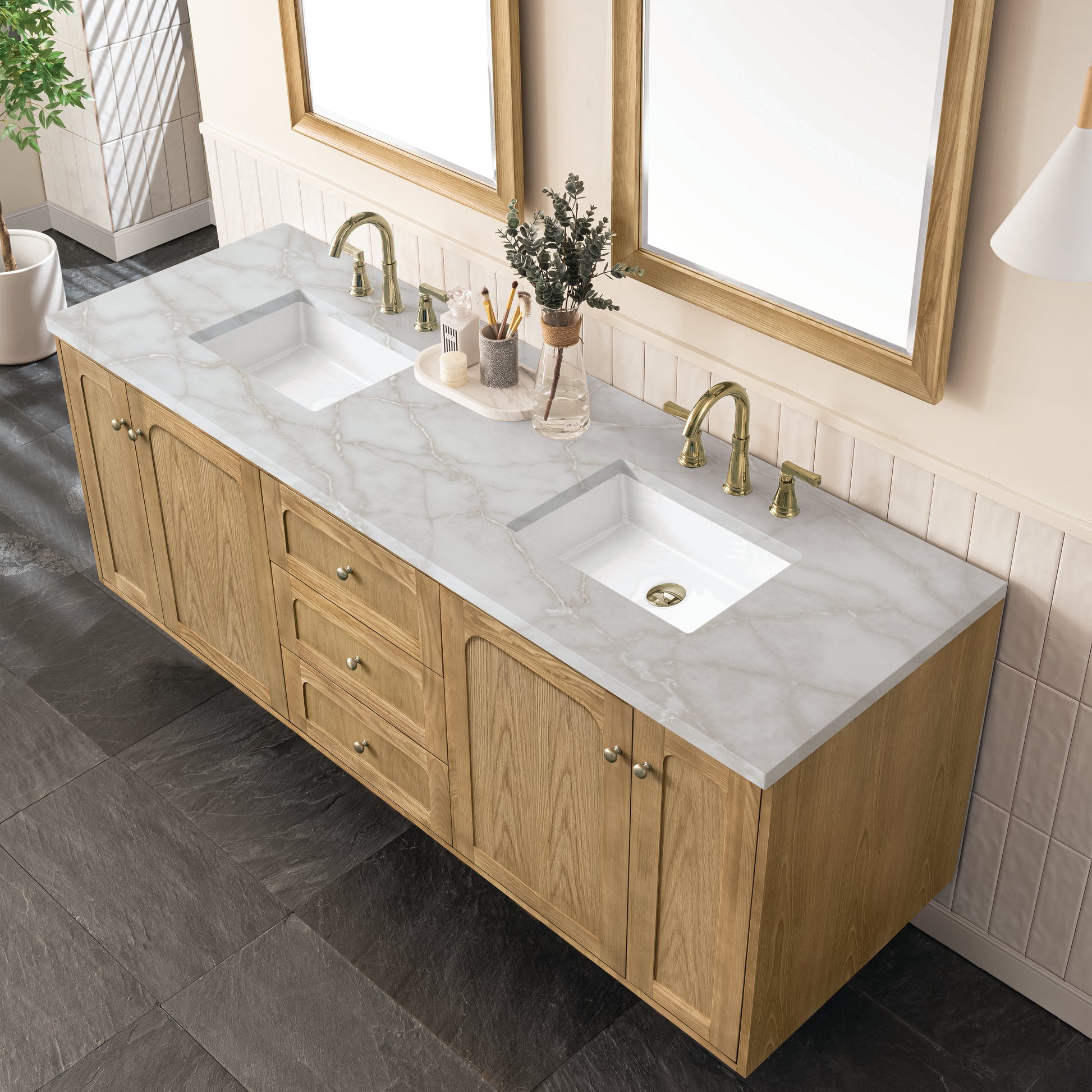 Renovate for Less Atlanta Laurent 72" Double Vanity, Light Natural Oak w/ 3 CM Victorian Silver Top