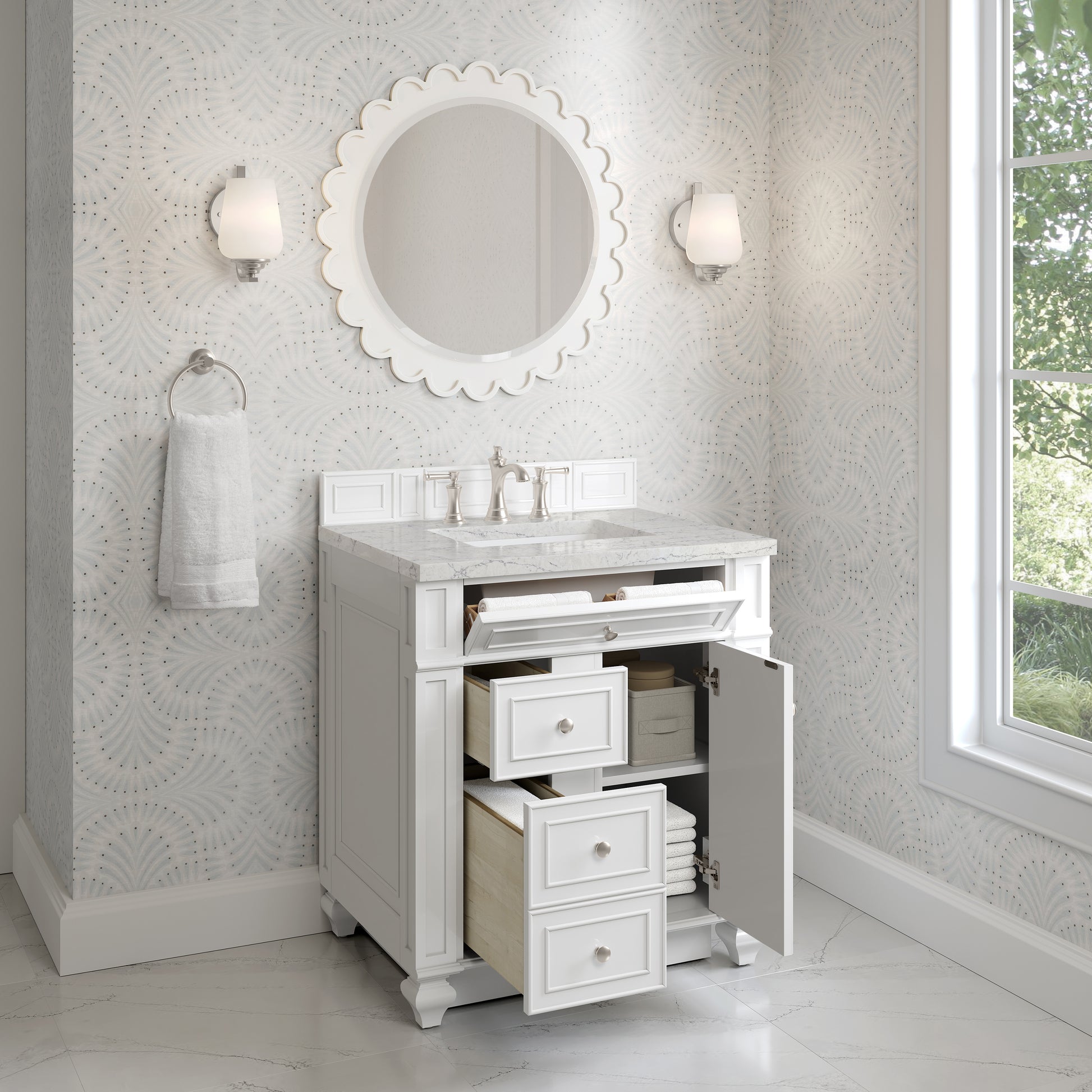 Renovate for Less Atlanta Bristol 30" Single Vanity, Bright White w/ 3 CM Eternal Jasmine Pearl Silestone Top