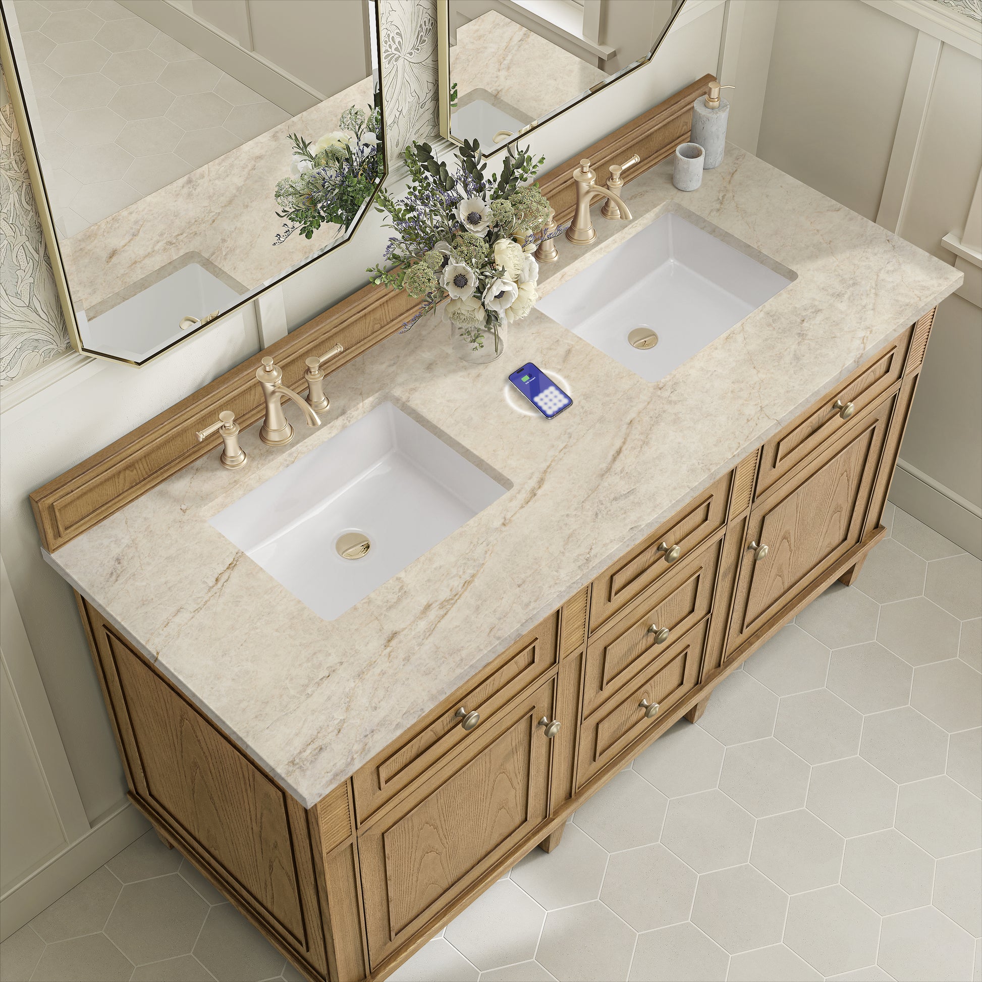 Renovate for Less Atlanta Lorelai 60" Double Vanity, Light Natural Oak, w/ 3 CM Tajnar Eclos Top w/FreePower Wireless Charger