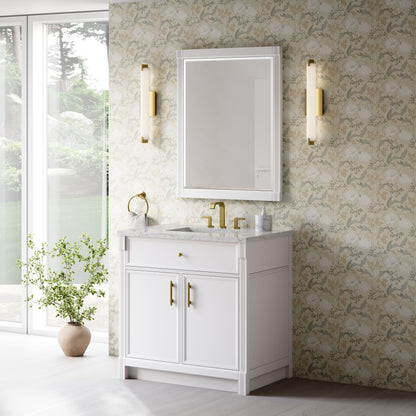 Renovate for Less Atlanta Bellshire 36" Single Vanity, Bright White w/ 3 CM Eternal Jasmine Pearl Silestone Top