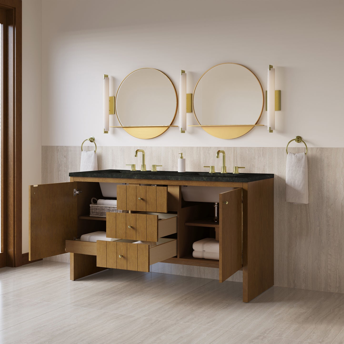 Renovate for Less Atlanta Hudson 60" Double Vanity, Honey Oak w/ 3 CM Phantome Eclos Top