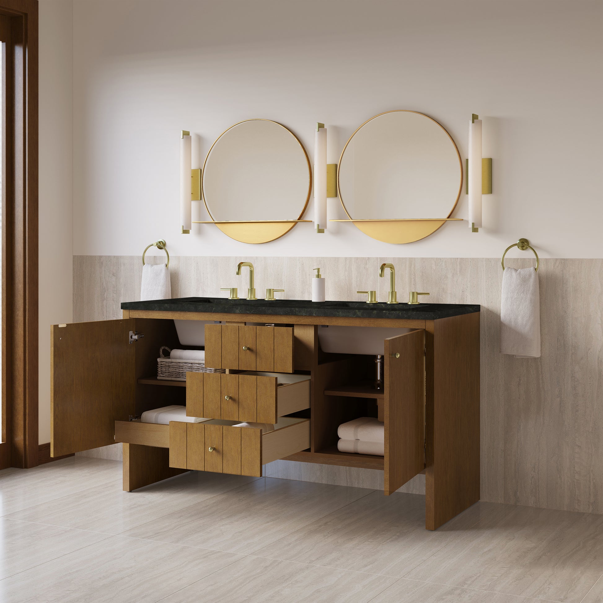 Renovate for Less Atlanta Hudson 60" Double Vanity, Honey Oak w/ 3 CM Phantome Eclos Top