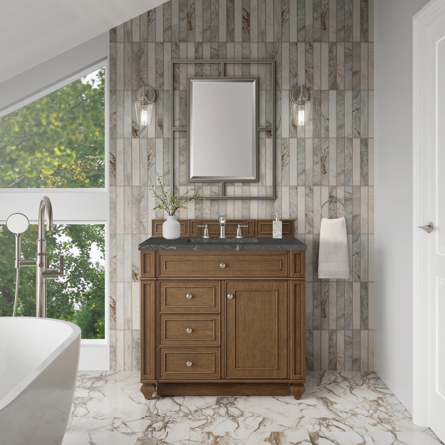Renovate for Less Atlanta Bristol 36" Single Vanity, Saddle Brown w/ 3 CM Parisien Bleu Silestone Top