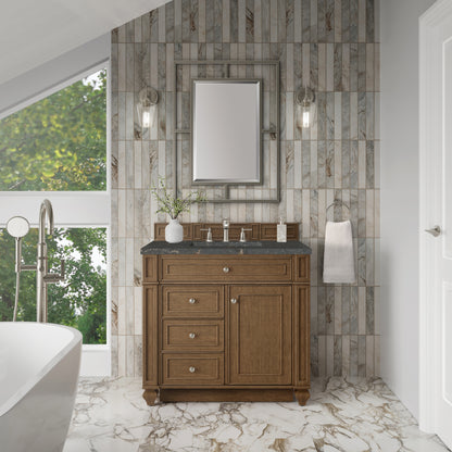 Renovate for Less Atlanta Bristol 36" Single Vanity, Saddle Brown w/ 3 CM Parisien Bleu Silestone Top