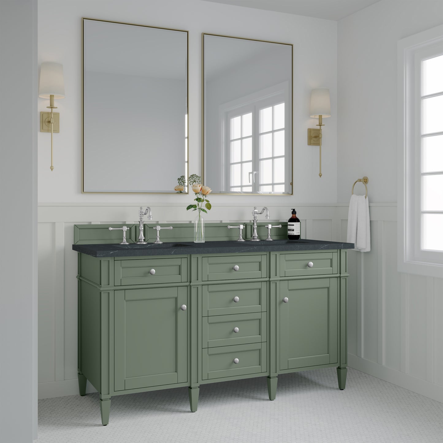 Renovate for Less Atlanta Brittany 60" Double Vanity, Smokey Celadon w/ 3 CM Charcoal Soapstone Top