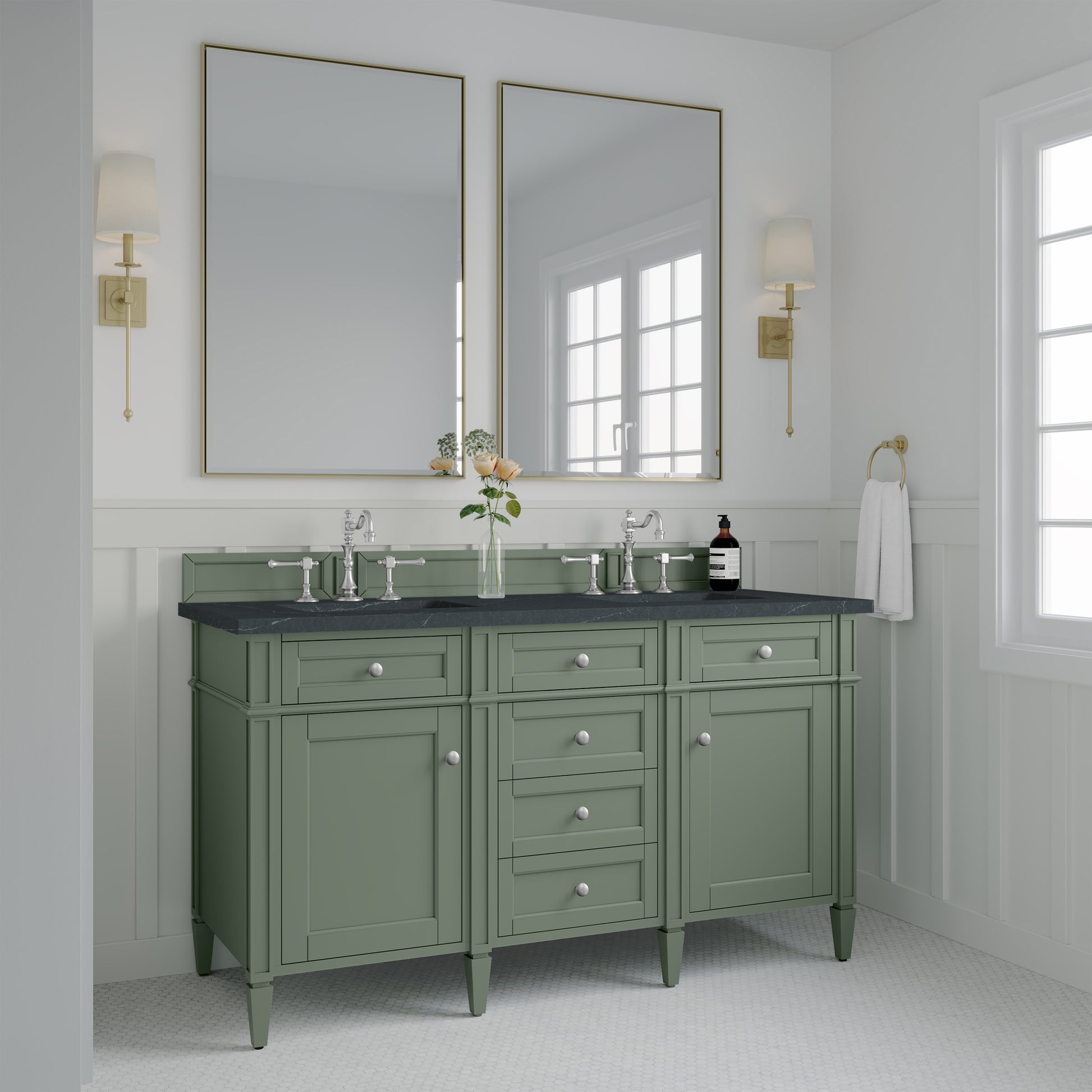 Renovate for Less Atlanta Brittany 60" Double Vanity, Smokey Celadon w/ 3 CM Charcoal Soapstone Top