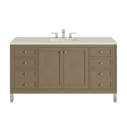 Renovate for Less Atlanta Chicago 60" Single Vanity, Walnut Whisper, w/ 3 CM Siberian Silestone Top w/FreePower Wireless Charger