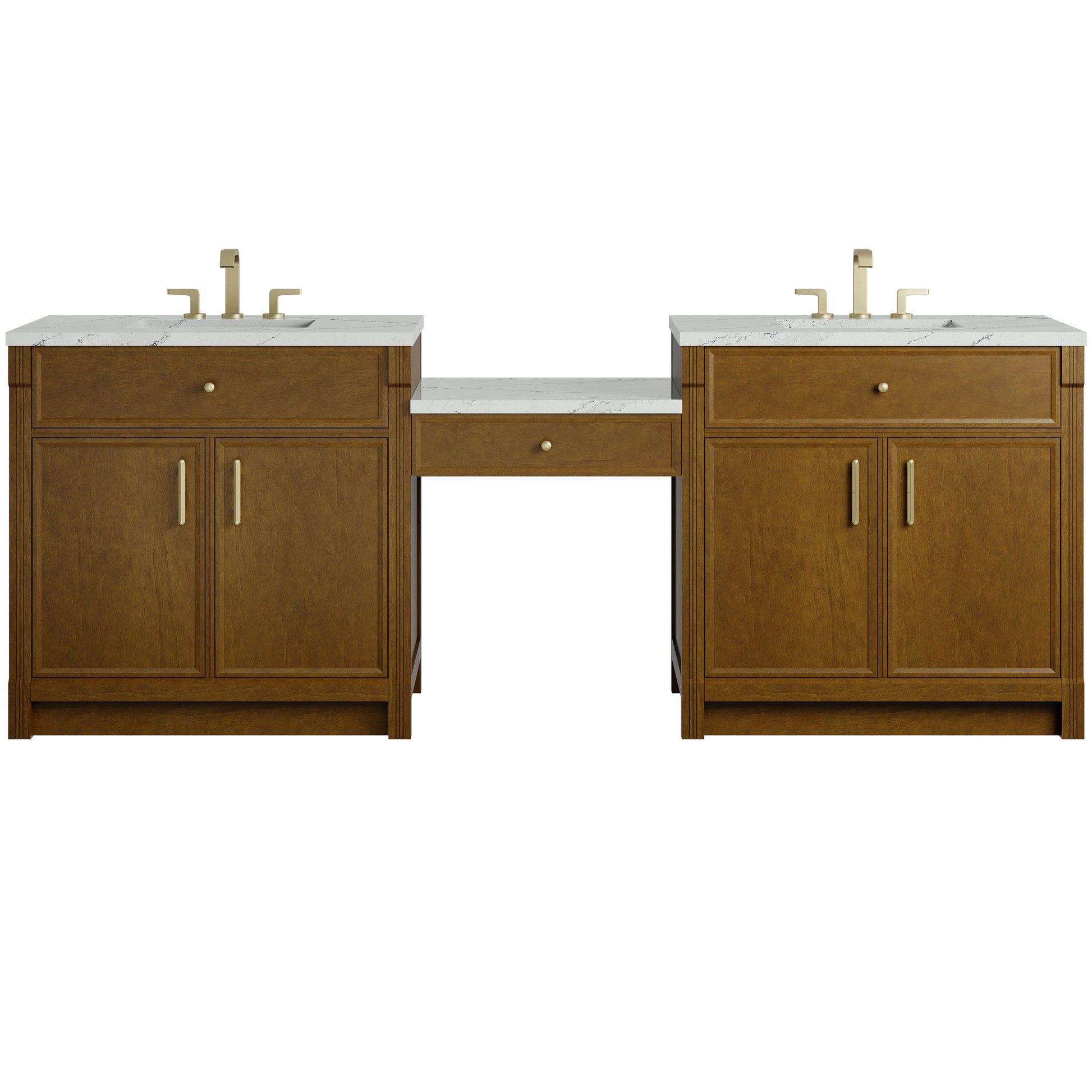 Renovate for Less Atlanta Bellshire 96" Dual Vanity Set with 24" Make-Up Counter, Honey Oak w/3 cm Ethereal Noctis Silestone Top