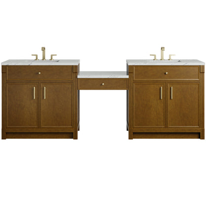 Renovate for Less Atlanta Bellshire 96" Dual Vanity Set with 24" Make-Up Counter, Honey Oak w/3 cm Ethereal Noctis Silestone Top