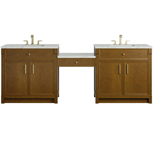 Bellshire 96" Dual Vanity Set with 24" Make-Up Counter, Honey Oak w/3 cm Ethereal Noctis Silestone Top