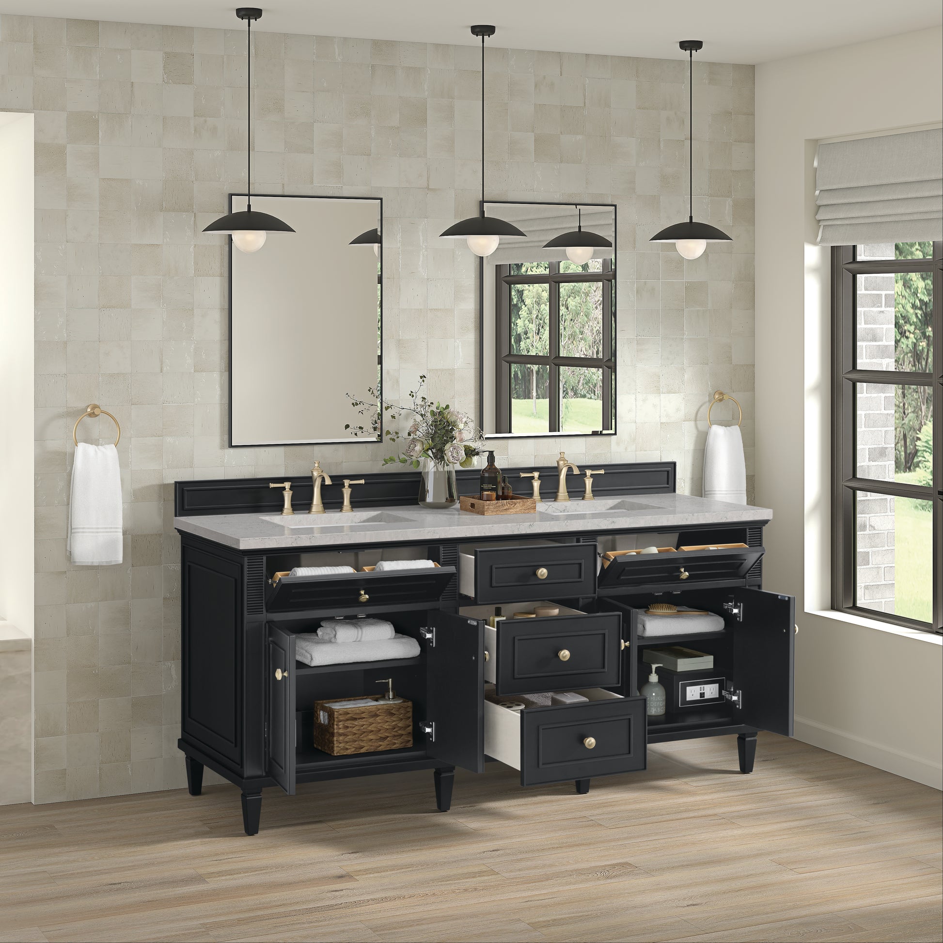 Renovate for Less Atlanta Lorelai 72" Double Vanity, Black Onyx w/ 3 CM Eternal Jasmine Pearl Silestone Top w/FreePower Wireless Charger